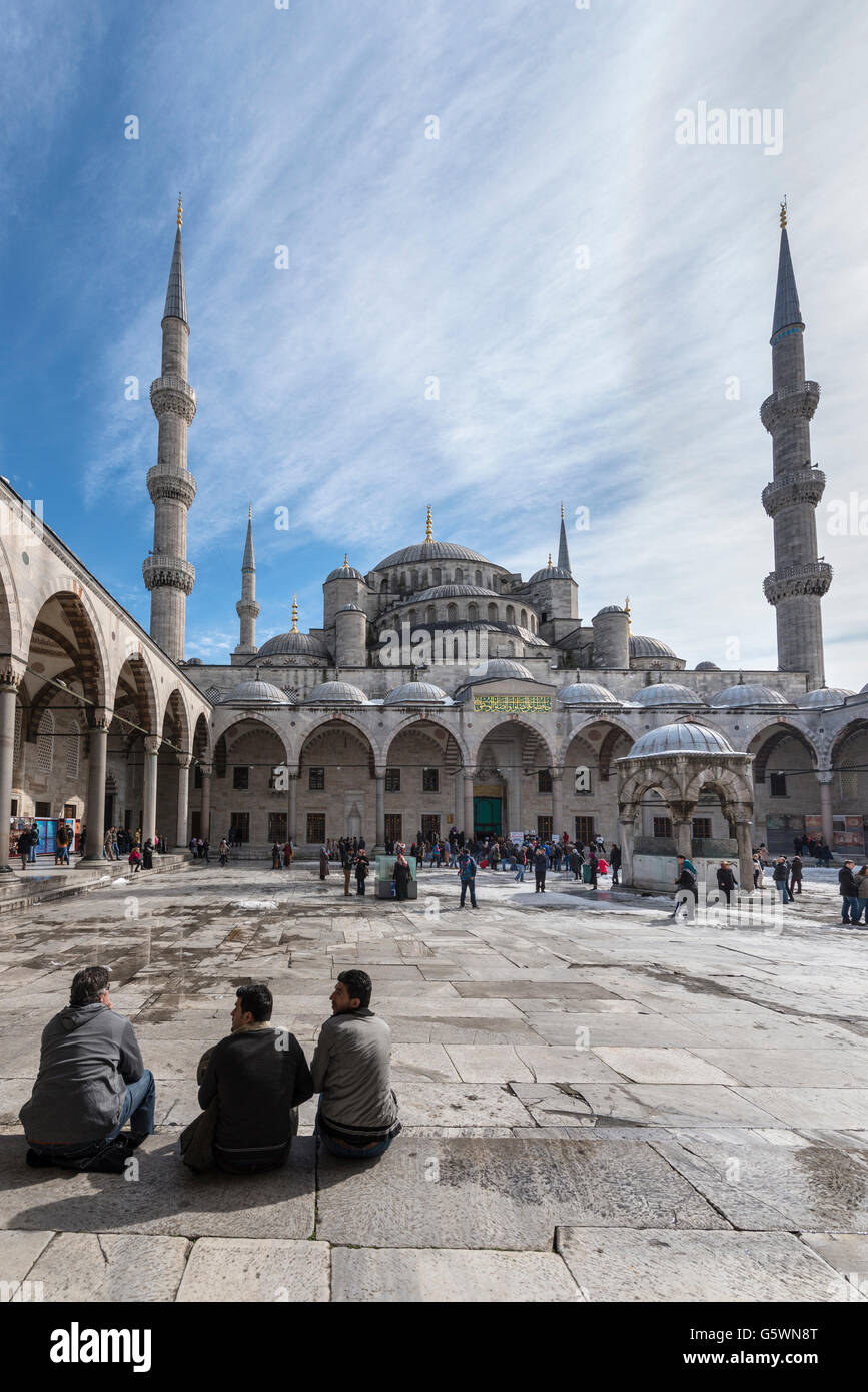 Interior courtyard of the Sultan Ahmet or Blue Mosque, Sultanahmet, Istanbul, Turkey Stock Photo