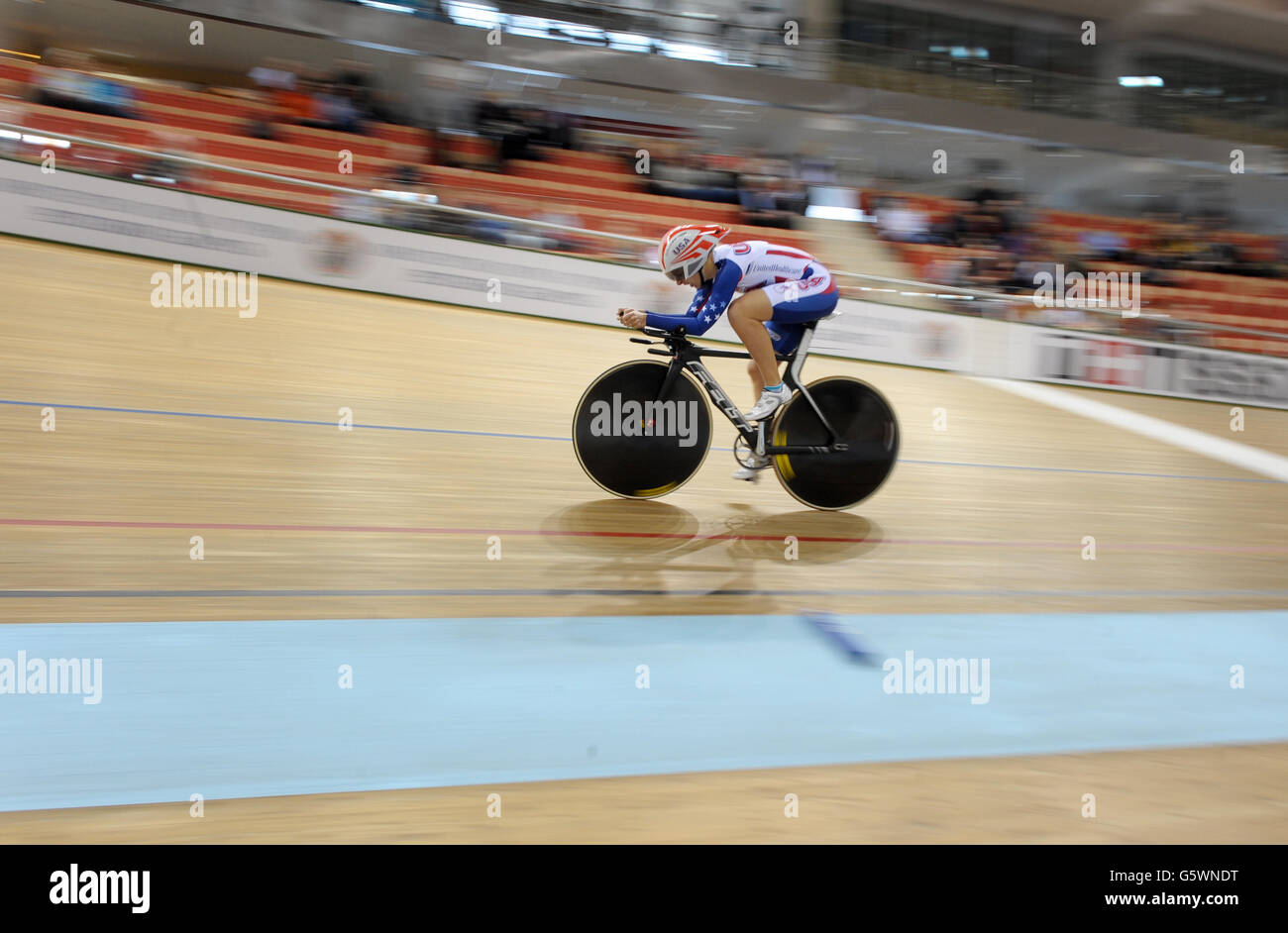 The USA's Sarah Hammer rides in the individual pursuit qualifying on