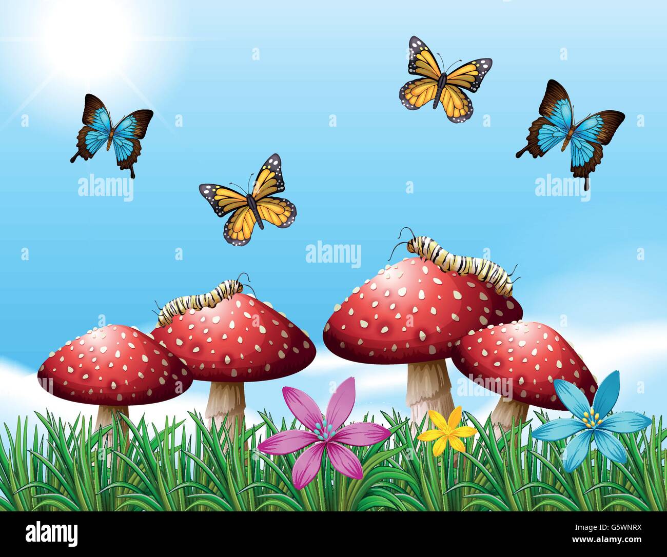 Nature scene with butterflies in garden illustration Stock Vector Image ...