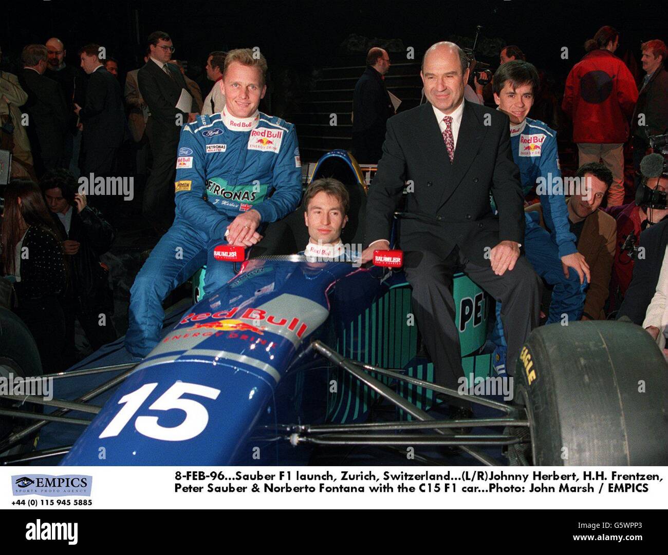 8-FEB-96. Sauber F1 launch, Zurich, Switzerland. (L/R)Johnny Herbert, H.H. Frentzen,rPeter Sauber & Norberto Fontana with the C15 F1 car Stock Photo