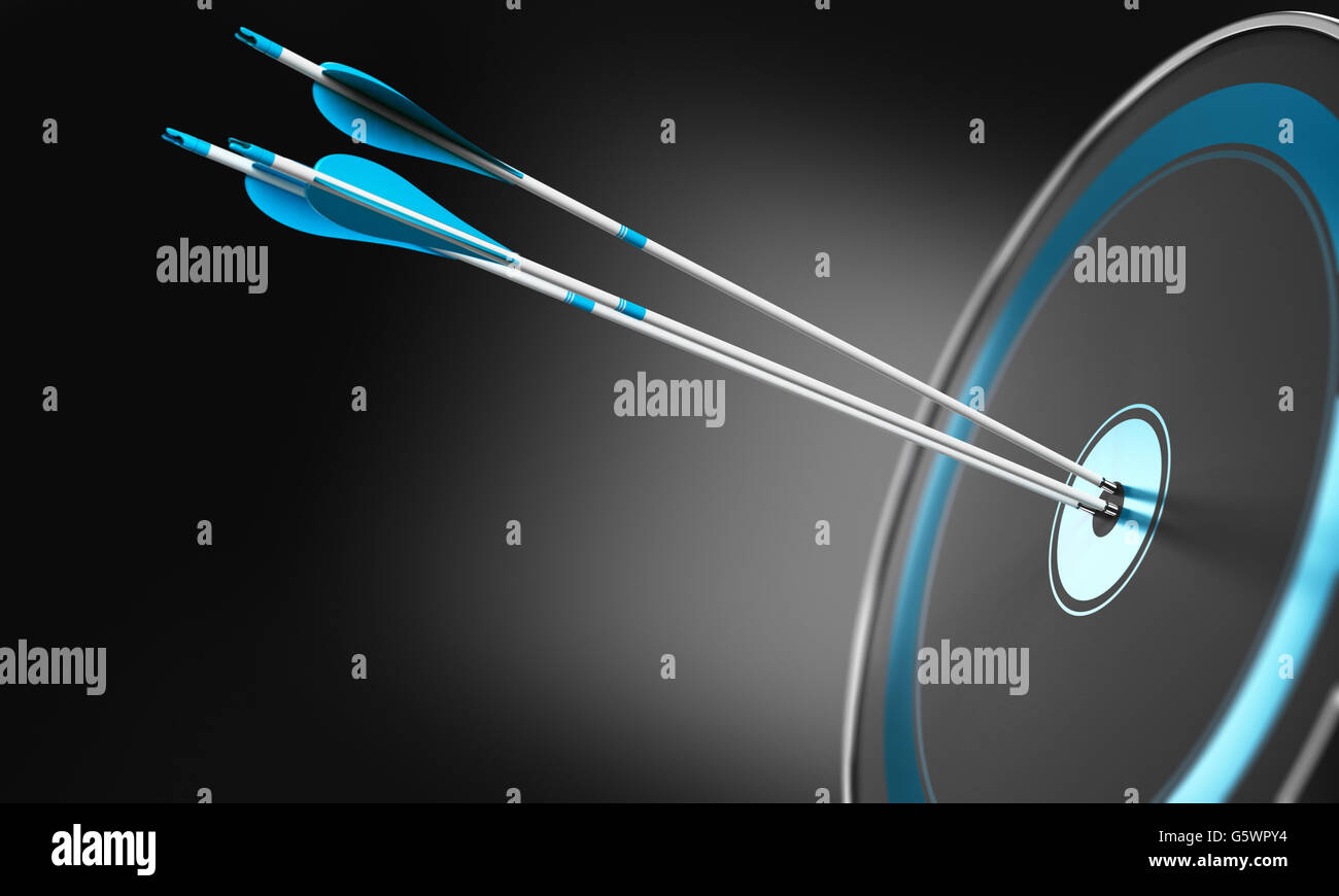 3D illustration of three arrows hitting the center of a modern target with depth of field effect. Conceptual image over black ba Stock Photo