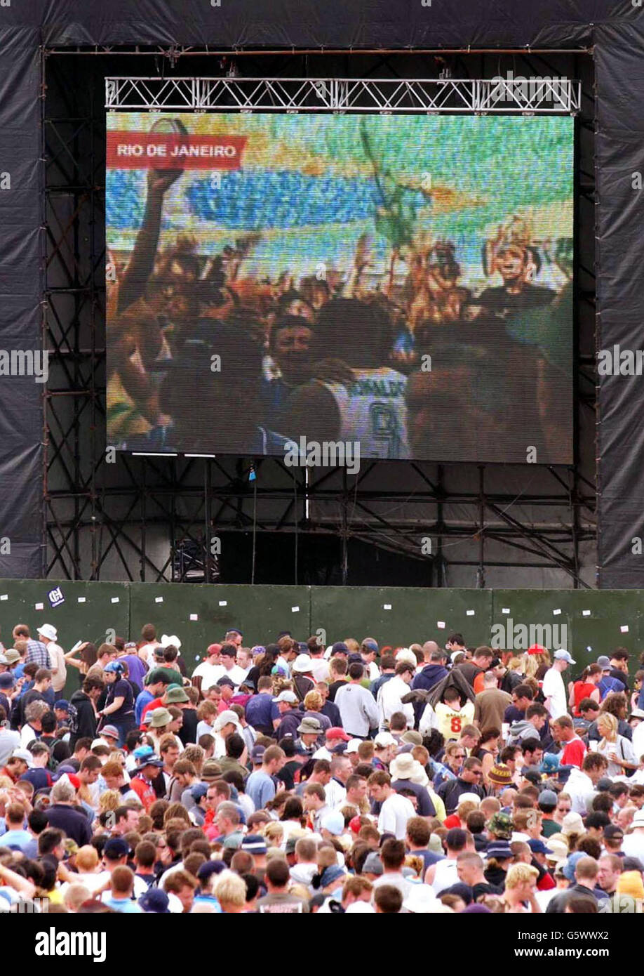 The crowds watch Brazil winning the 2002 World Cup Final match against ...