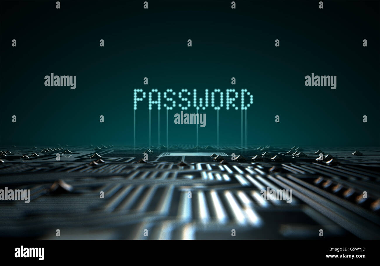 A 3D render of a macro view of a circuit board with blue digital text projecting above it saying password on a dark background Stock Photo