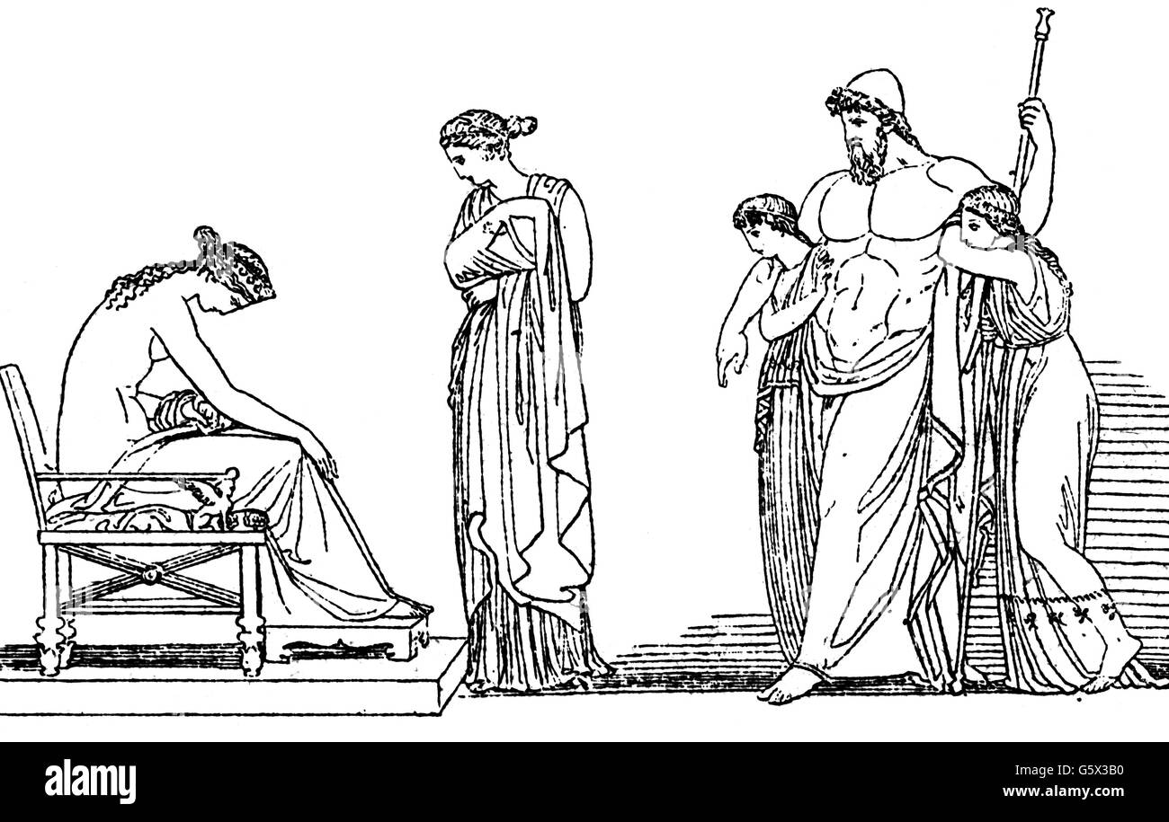 Thetis, Greek legendary figure, asking Hephaestus for new weapons for Achilles, after ancient Greek painting, drawing by John Flaxman, 19th century, Stock Photo