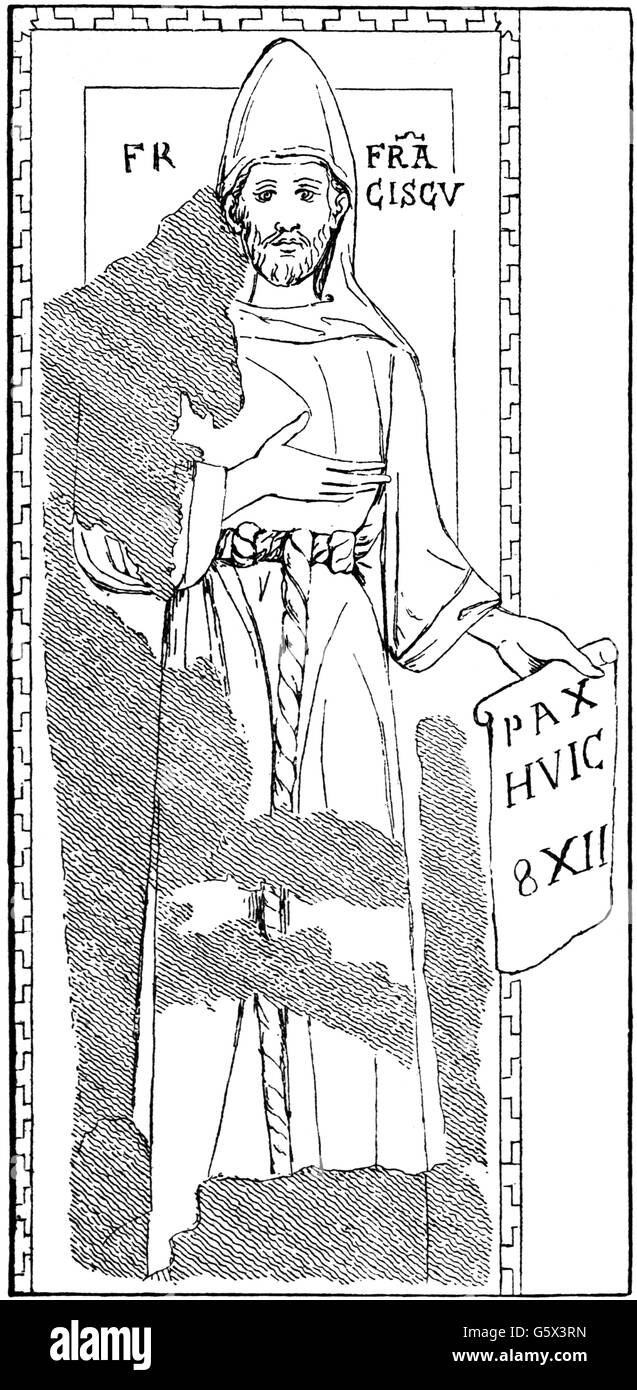 St. Francis of Assisi, circa 1181 - 3.10.1226, Italian clergyman, Saint, full length, after fresco in the Sacro Speco, Subiaco Monastery, 1223, wood engraving, 19th century, Stock Photo