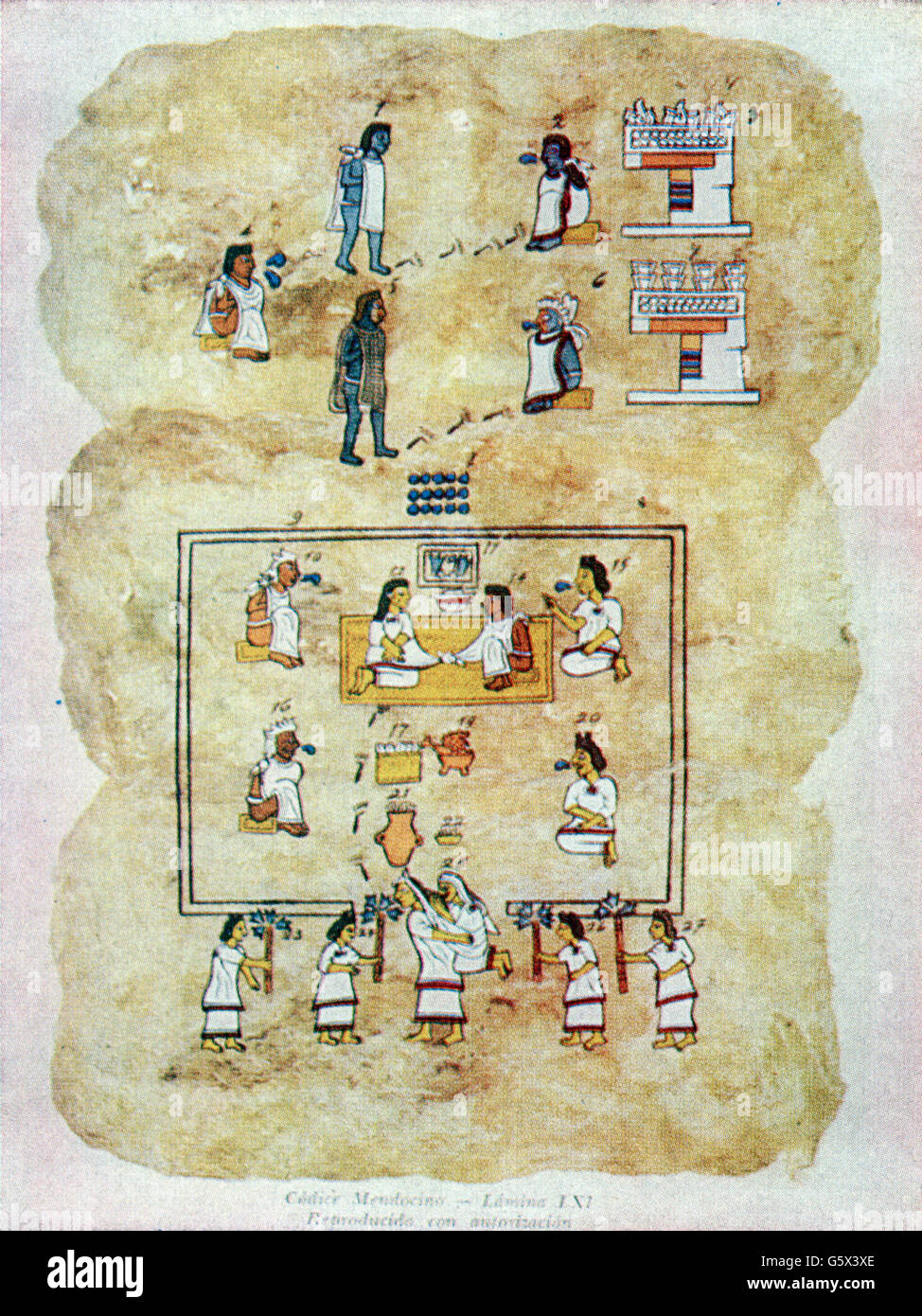 geography / travel, Mexico, people, Aztecs, 15 year old boys starting education as priest or soldier, girl getting married, Codex Mendoza, Folio 61 recto, circa 1541 - 1542, Additional-Rights-Clearences-Not Available Stock Photo