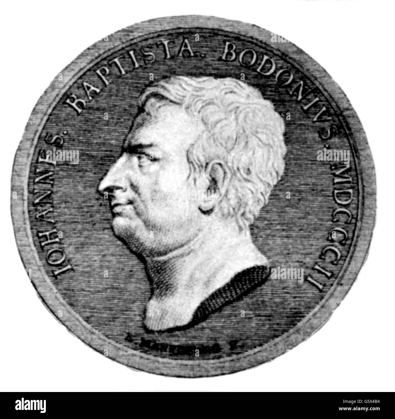 Bodoni, Giambattista, 16.2.1740 - 20.11.1813, Italian printer, and publisher, portrait, after coin, wood engraving, 19th century, , Stock Photo
