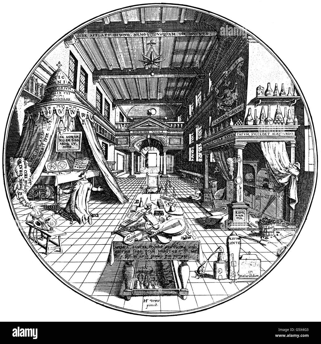 alchemy, laboratory of an alchemist, copper engraving, out of Heinrich