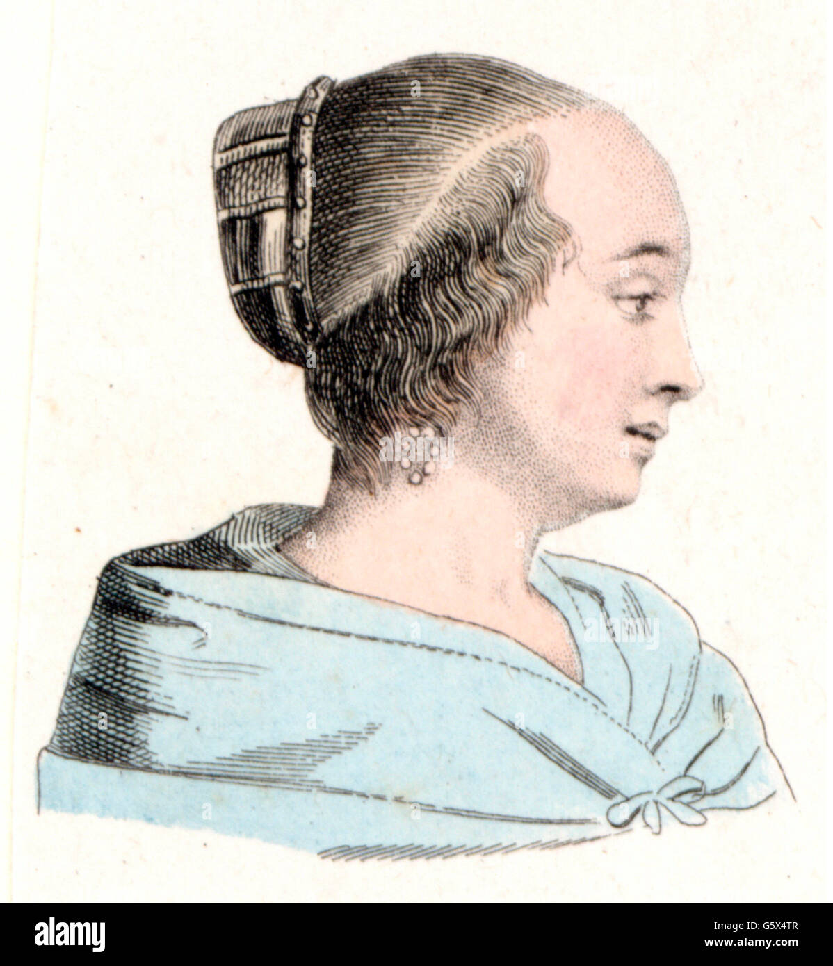fashion, 17th century, headdress of a noble Dutch woman, coloured engraving, 19th century, 17th century, 19th century, graphic, graphics, Netherlands, Holland, ladies' fashion, hair style, hairstyle, hair styles, hairstyles, haircuts, hair, haircut, hairdo, portrait, profile, side-face, profiles, Dutch woman, coloured, colored, historic, historical, woman, women, female, people, Additional-Rights-Clearences-Not Available Stock Photo