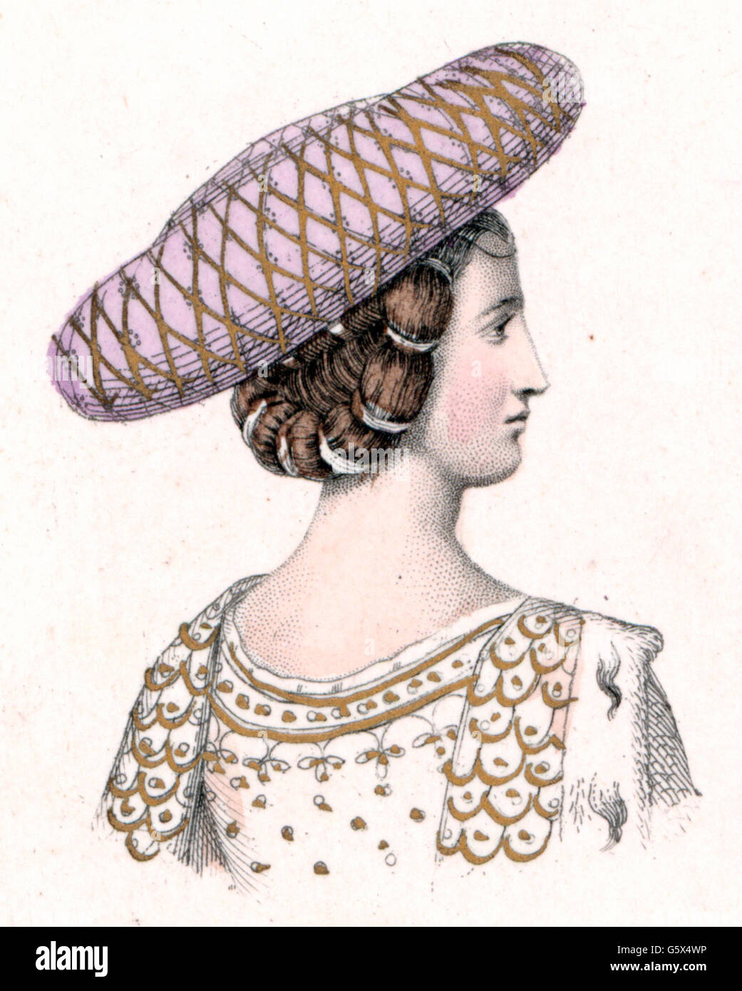 Middle Ages, people, woman with hat, Italy, late 14th century, coloured engraving, 19th century, 14th century, 19th century, Middle Ages, medieval, mediaeval, graphic, graphics, Italy, fashion, clothes, outfit, outfits, accessory, accessories, headpiece, headpieces, hat, hats, ladies' fashion, hair style, hairstyle, hairdo, haircut, hair styles, hairstyles, haircuts, hair, portrait, profile, side-face, profiles, fashion for women, women's clothing, woman, women, coloured, colored, historic, historical, woman, women, female, people, Additional-Rights-Clearences-Not Available Stock Photo