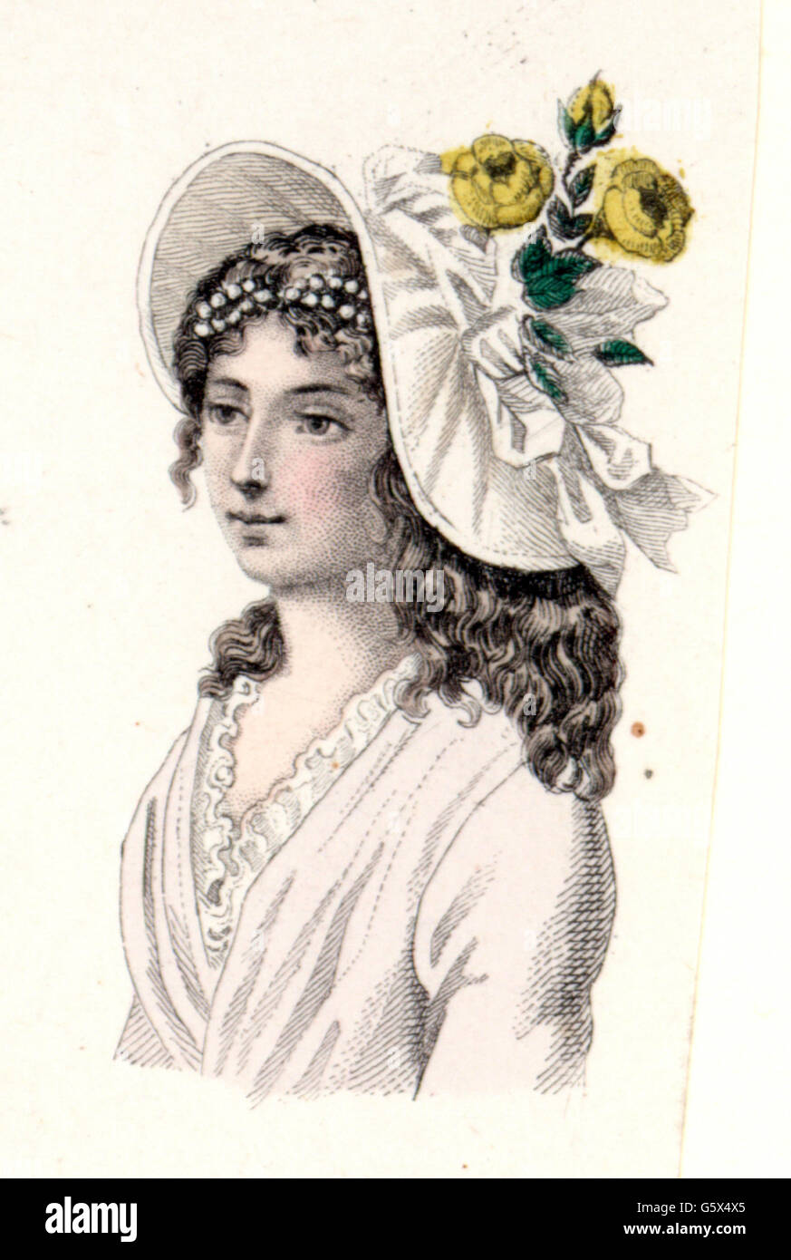 fashion, 18th century, woman with summer hat, 1797, Additional-Rights-Clearences-Not Available Stock Photo