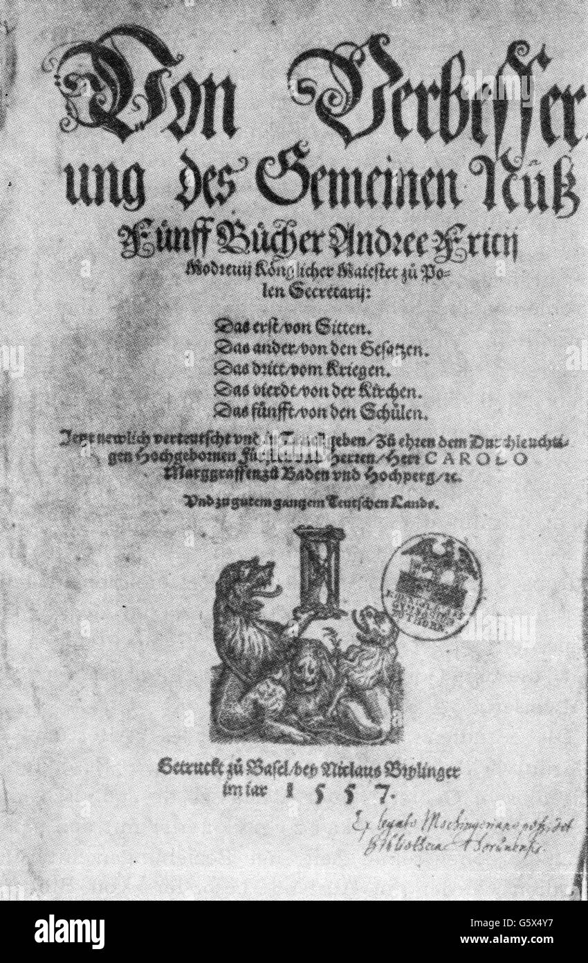Modrzewski, Andrzej Frycz, 20.9.1503 - 1572, Polish academic, humanist and theologian, works, 'De republica emendanda', German edition, title page, Basel, 1557, Stock Photo