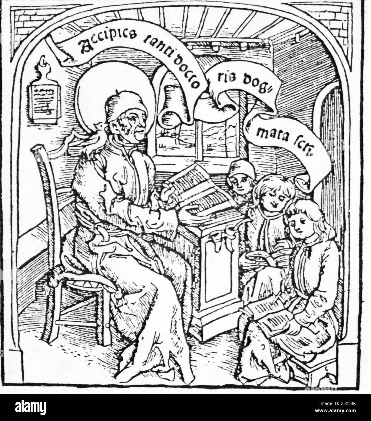 Gregory I 'the Great' (Anicius Gregorius) circa 540 - 12.3.604, Pope 3.9.590 - 12.3.604, half length, as a teacher, woodcut, out of: 'Exercitium puerorum grammaticale per dietas distributum', 1500, Stock Photo