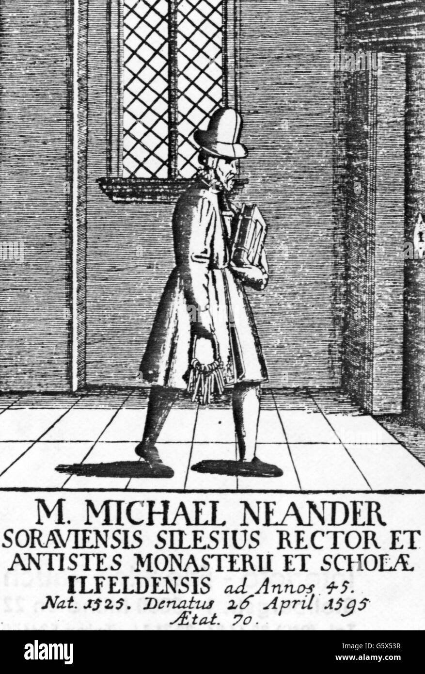 Neander, Michael, 1525 - 26.4.1595, German pedagogue, full length, as headmaster and provost of the convent school Ilfeld, copper engraving, circa 1600, Germanisches Nationalmuseum (National Museum of Germanic History), Nuremberg, Artist's Copyright has not to be cleared Stock Photo