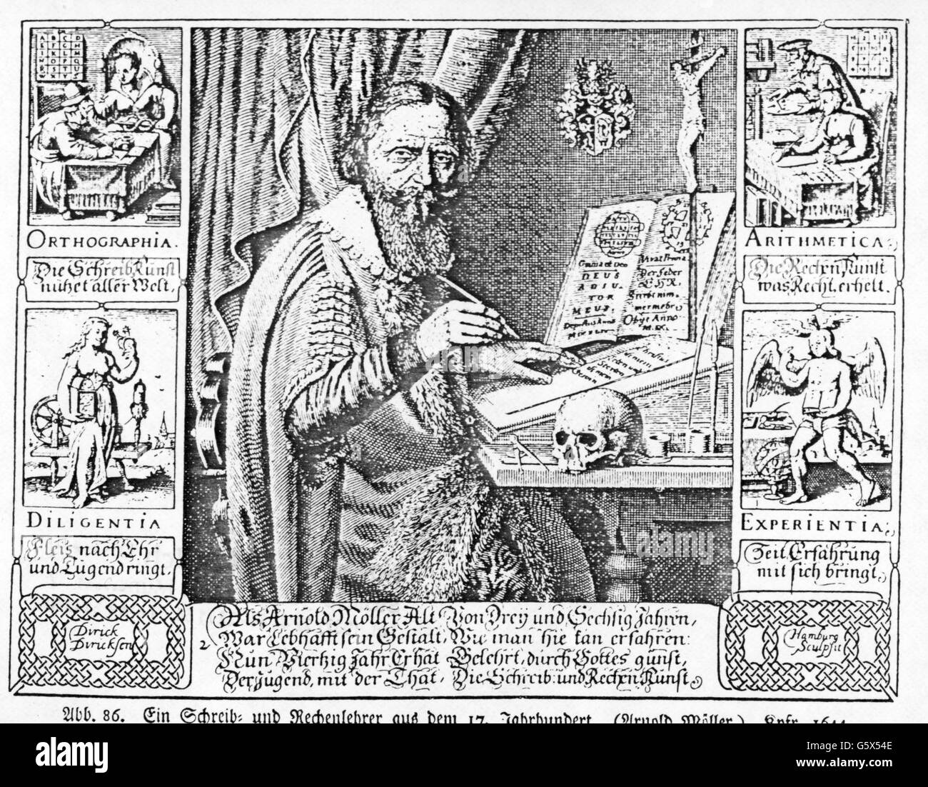 Möller, Arnold, 4.5.1581 - 14.10.1655, German writing master and arithmetician, half length, copper engraving, 1644, Artist's Copyright has not to be cleared Stock Photo