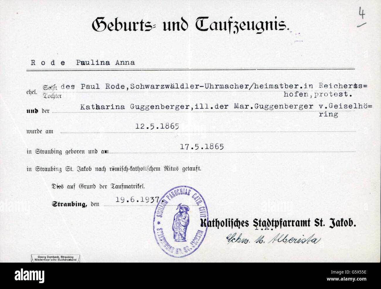 documents,certificate of birth and baptism for Paulina Anna Rode,born on 12.5.1865,issiued by Catholic City Rectory of St. Jakob,Straubing,19.6.1937,19th century,20th century,1930s,30s,Germany,Lower Bavaria,religion,religions,Christianity,Catholicism,birth,births,birth certificate,birth certificates,christening,certificate of baptism,certificates of baptism,register,registers,stamp,stamps,signature,signatures,German Reich,Third Reich,Aryan certificate,documents,document,city rectory,city rectories,historic,historical,Additional-Rights-Clearences-Not Available Stock Photo