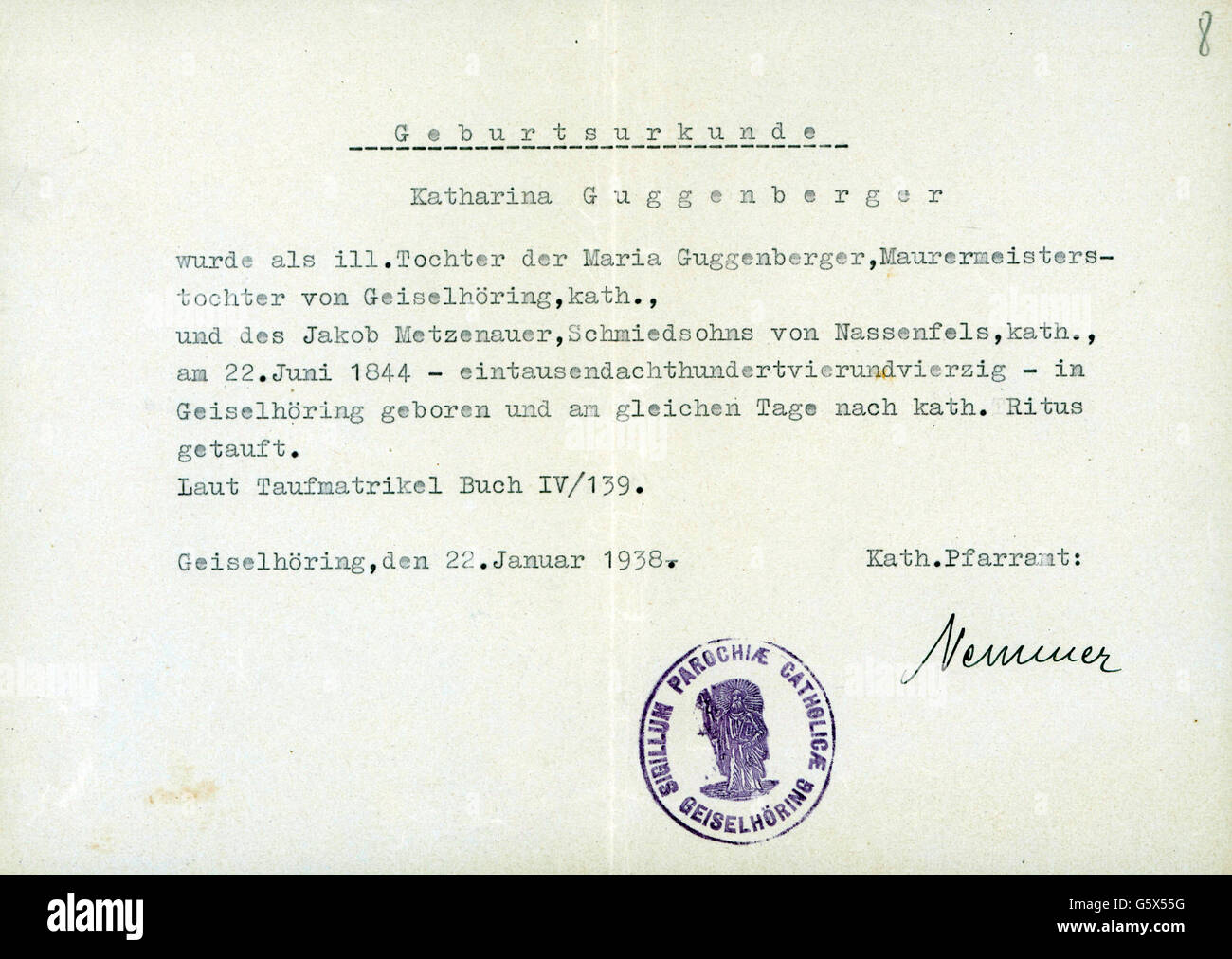 documents,birth certificate for Katharina Guggenberger,born on 22.6.1844,issued by Catholic Rectory,Geiselhöring,22.1.1938,19th century,20th century,1930s,30s,Germany,Lower Bavaria,religion,religions,Christianity,Catholicism,birth,births,birth certificate,birth certificates,christening,certificate of baptism,certificates of baptism,register,registers,stamp,stamps,signature,signatures,German Reich,Third Reich,Aryan certificate,documents,document,rectory,vicarage,parsonage,rectories,vicarages,parsonages,historic,historical,Additional-Rights-Clearences-Not Available Stock Photo
