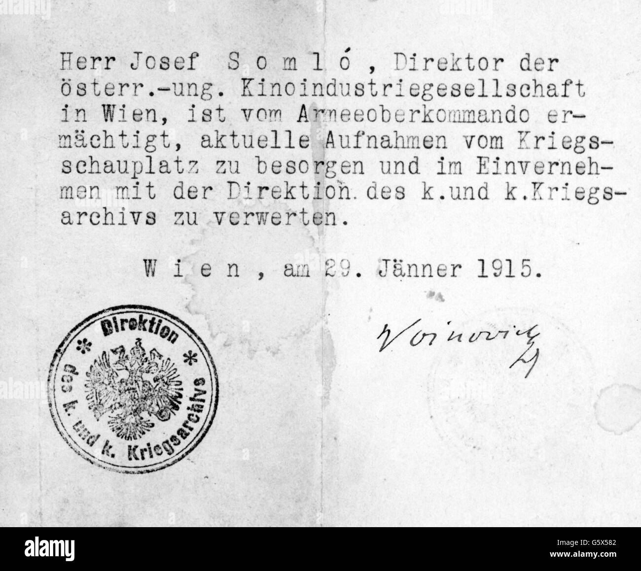 Somlo, Josef, 5.10.1884 - 29.11.1973, Hungarian producer, permission for procurement and utilization of war imagery, issued by the Imperial and Royal War Archive, Vienna, 29.1.1915, Stock Photo