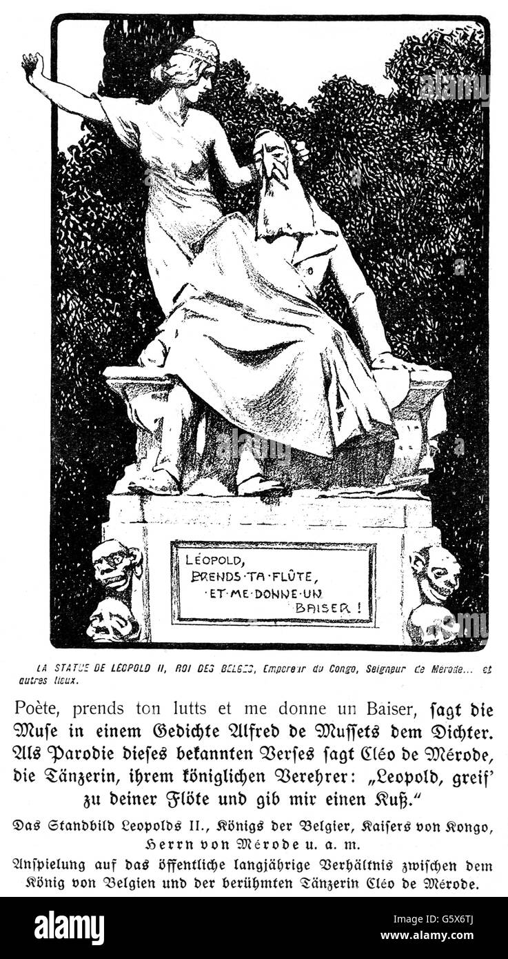 Leopold II, 9.4.1835 - 17.12.1909, King of Belgium 17.12.1865 - 17.12.1909, caricature, with his lover Cleo de Merode as monument, anonymous drawing, 'L'Assiette au beurre'. Paris, 1906, Stock Photo