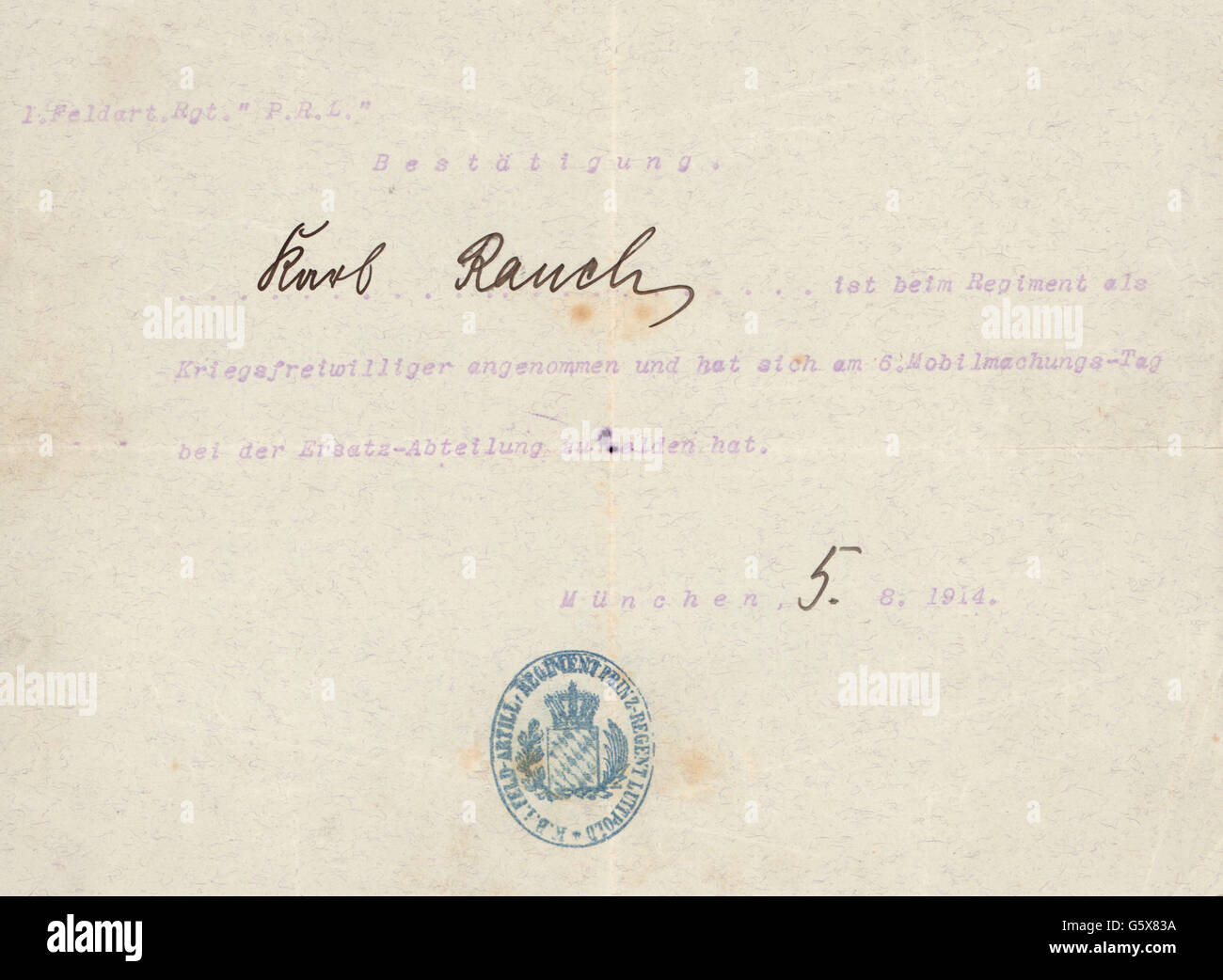 military, Germany, Bavaria, documents, confirmation of enrollment and draft of the volunteer Karl Rauch to the Royal Bavarian 1st Field Artillery Regiment 'Prinzregent Luitpold', Munich, 5.8.1914, Additional-Rights-Clearences-Not Available Stock Photo