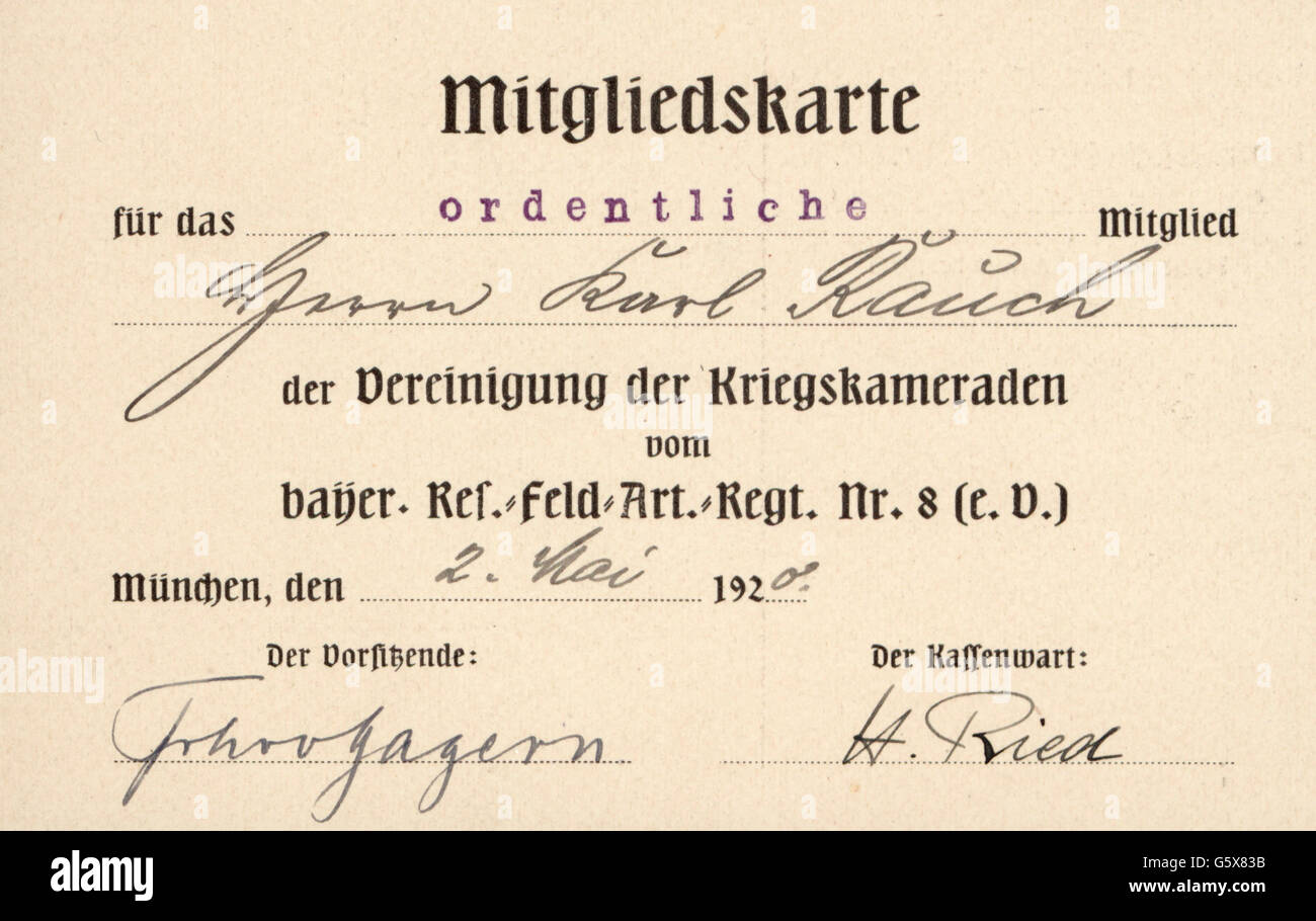 military,Germany,Bavaria,veteran,membership card of the federation of the comrade-in-arms of the Bavarian Reserve Field Artillery Regiment no. 8,drawn up for Karl Rauch,Munich,2.5.1920,belligerent,war veteran,combat veteran,war veterans,combat veterans,First World War / WWI,member,members,veteran association,veteran associations,organisation,organization,organizations,organisations,associations,registered association,veteran's club,veteran federation,comrade association,comradeship Association,regimental club,reserve,reserves,fiel,Additional-Rights-Clearences-Not Available Stock Photo