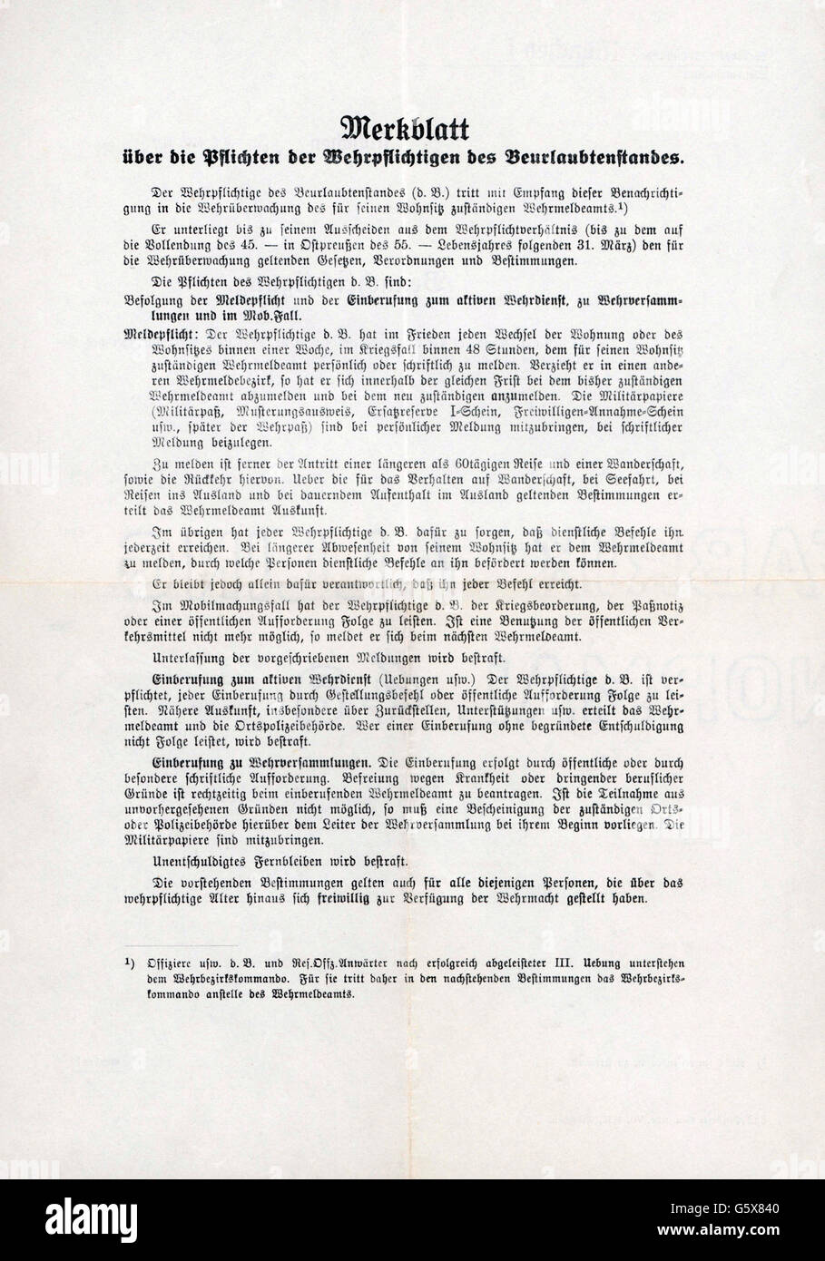 Nazism / National Socialism, military, administration, documents, instructions about the duties of conscripts in the condition of furlough, 2nd half 1930s, Additional-Rights-Clearences-Not Available Stock Photo
