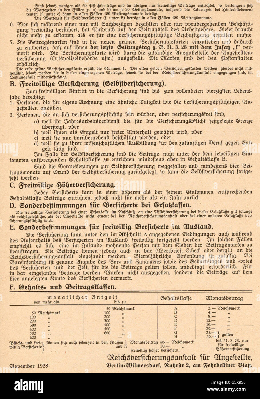 documents, official writing, instructions, instruction number 1 about the volunteer insurance, Reich insurance institution for employee, November 1928, Additional-Rights-Clearences-Not Available Stock Photo