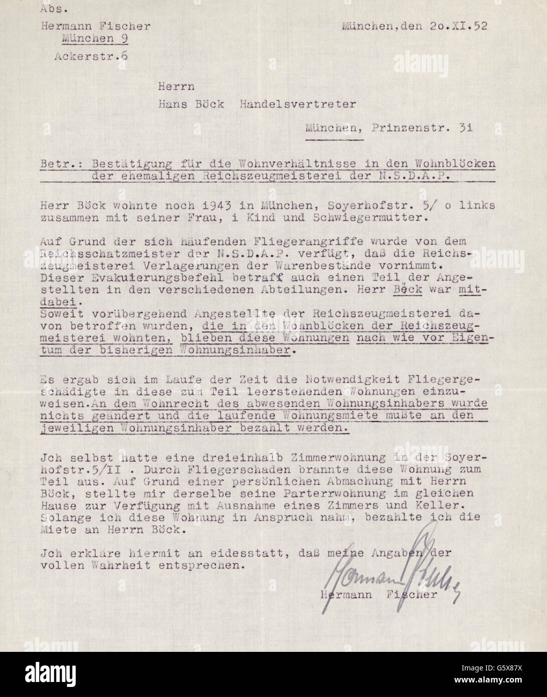 post war period,denazification,correspondence,letter from Hermann Fischer to Hans Böck,confirmation of the housing conditions in the apartment buildings of the former Reich Quartermaster's Office(Reichszeugmeisterei)of the NSDAP,Soyerhofstrasse 5,affidavit,Munich,20.11.1952,housing conditions,block of flats,blocks of flats,bomb out,bombing out,bombed out,air extraction,aerial warfare,Second World War / WWII,1950s,50s,20th century,no-people,post war period,post-war period,post-war years,post-war era,letter,letters,confirmation,conf,Additional-Rights-Clearences-Not Available Stock Photo