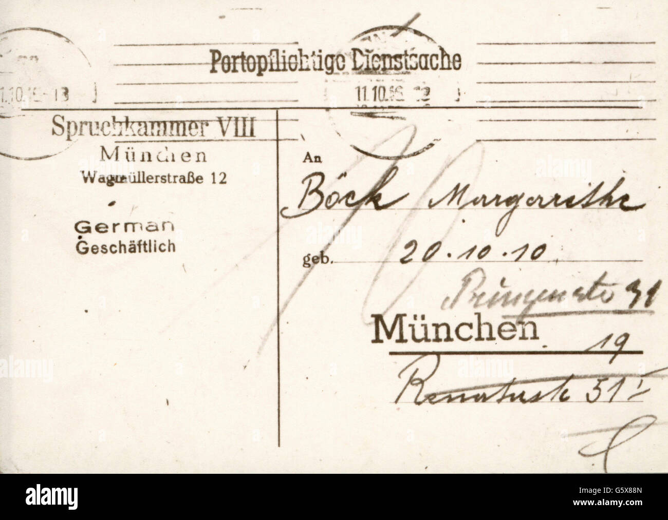 post war period, denazification, correspondence, official postcard of the Spruchkammer VIII to Margarete Böck, Munich, 4.10.1946, Additional-Rights-Clearences-Not Available Stock Photo