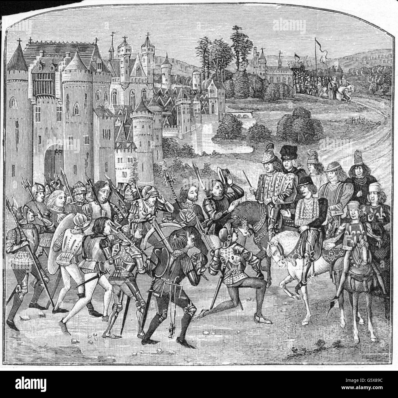 Charles VI 'the Mad', 3.12.1368 - 21.10.1422, King of France 16.9.1380 - 21.10.1422, is welcomed by of armed citizen of Paris, return from the campaign in Flanders, 1383, after miniature, chronicle of Jean Froissart, 2nd volume, 1385, wood engraving, 19th century, Artist's Copyright has not to be cleared Stock Photo