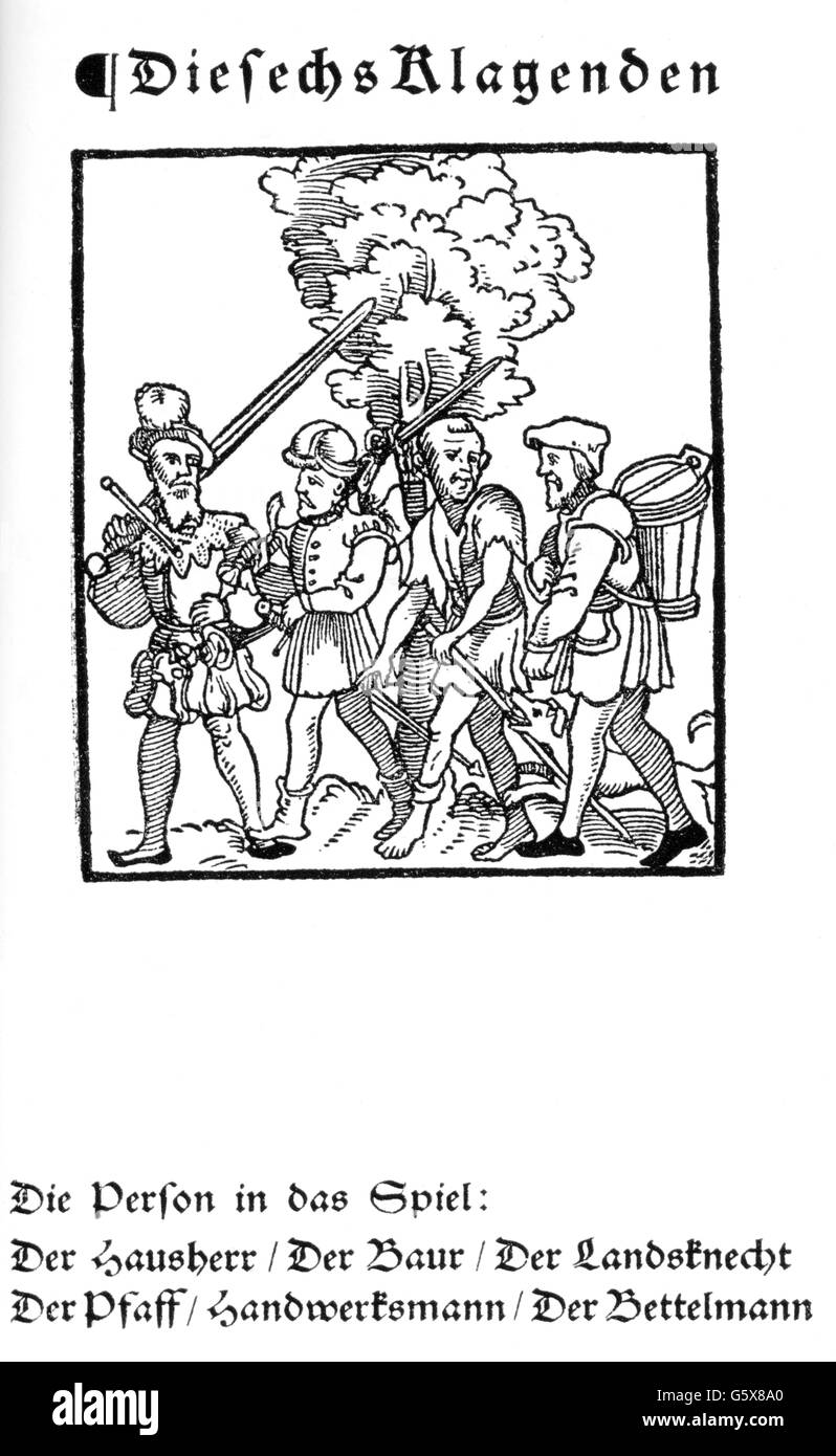 Sachs, Hans, 5.11.1494 - 19.1.1576, German author / writer and meistersinger, works, Shrovetide play, 'Die sechs Klagenden' ('The six Plaintiffs'), 1536, Stock Photo