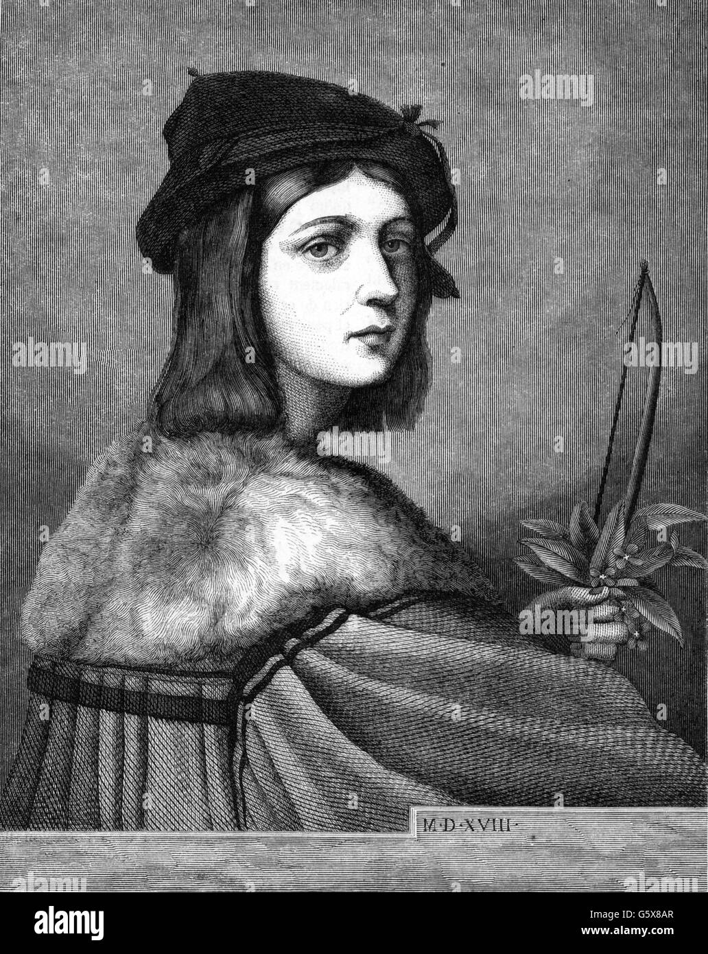 Raphael, 1483 - 6.4.1520, Italian painter and architect, half length, self-half length, 1518, wood engraving, 19th century, Artist's Copyright has not to be cleared Stock Photo