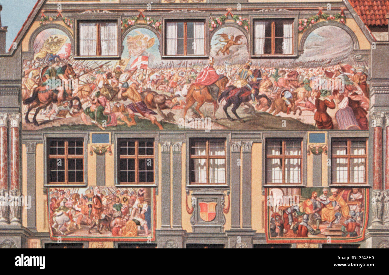 geography / travel,Germany,Augsburg,buildings,Weberhaus,exterior view,detail,east facade,Battle of Lechfeld 955,mural painting by Matthias Kager,1607,art postcard,publisher J. J. Brack,1918,Middle Ages,eastern side,facade,facades,fresco,fine arts,art,17th century,weaver house,houses,postal card,postal cards,Swabia,Kingdom of Bavaria,Germany,German Empire,Imperial Era,Central Europe,1910s,10s,20th century,people,building,buildings,detail,details,battle,battles,mural painting,wall painting,murals,mural paintings,wall ,Additional-Rights-Clearences-Not Available Stock Photo