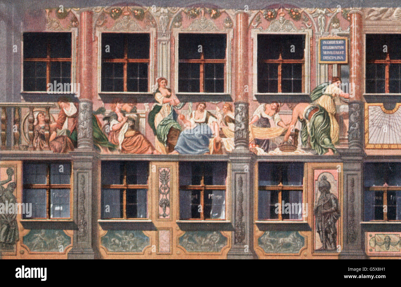 geography / travel,Germany,Augsburg,buildings,Weberhaus,exterior view,detail,south facade,Lucretia among her servants,mural painting by Matthias Kager,1607,art postcard,publisher J. J. Brack,1918,ancient world,ancient times,Roman legend,Lucretia,southern side,southern face,south side,south face,facade,facades,fresco,fine arts,art,17th century,weaver house,houses,postal card,postal cards,Swabia,Kingdom of Bavaria,Germany,German Empire,Imperial Era,Central Europe,1910s,10s,20th century,people,building,buildings,detail,,Additional-Rights-Clearences-Not Available Stock Photo