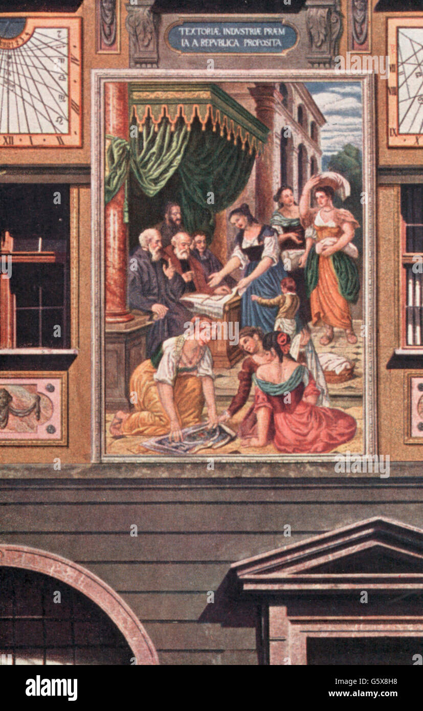 geography / travel, Germany, Augsburg, buildings, Weberhaus, exterior view, detail, south facade, presentation of prizes to Spanish women for weaving, mural painting by Matthias Kager, 1607, art postcard, publisher J. J. Brack, 1918, weaver, female weavers, award, awards, prize, bestowal, bestowals, handicraft, handcraft, craft, southern side, southern face, south side, south face, facade, facades, fresco, fine arts, art, 17th century, weaver house, houses, postal card, postal cards, Swabia, Kingdom of Bavaria, Germany, German Empire, Imperial Era, Cen, Artist's Copyright has not to be cleared Stock Photo