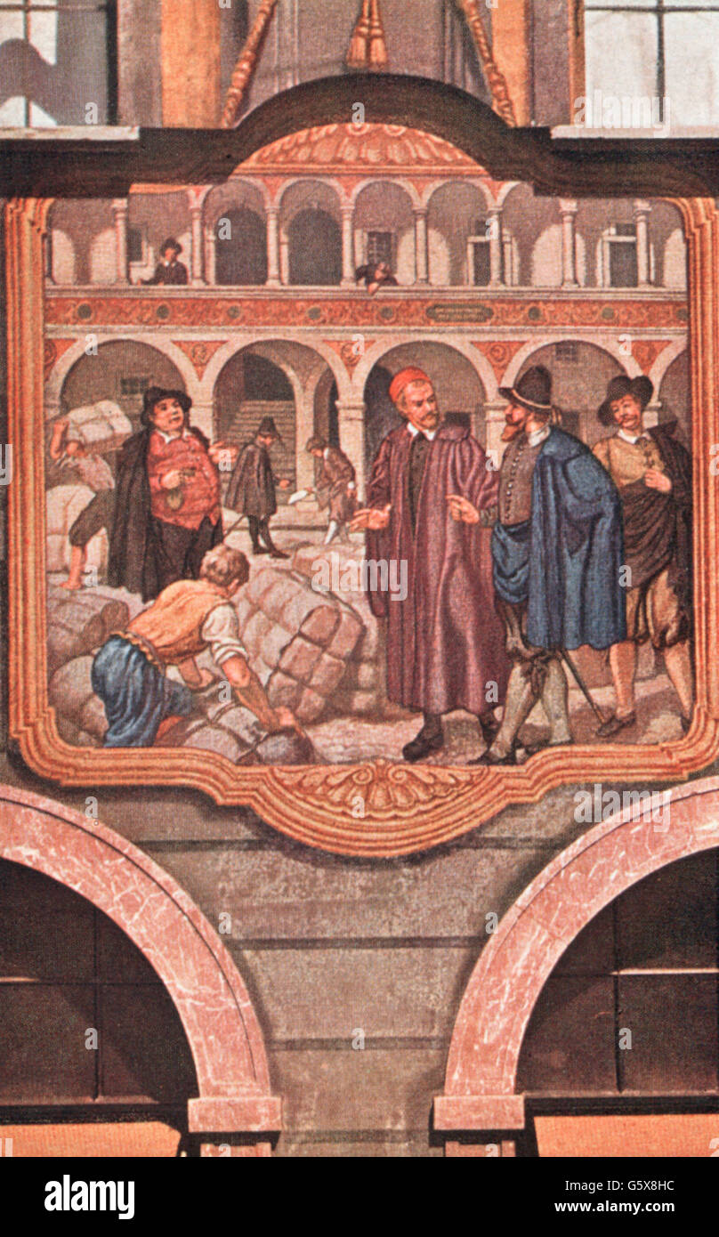 geography / travel,Germany,Augsburg,buildings,Weberhaus,exterior view,detail,west facade,Augsburg merchants in Venice,mural painting by Matthias Kager,1607,art postcard,publisher J. J. Brack,1918,oversea trade,overseas trade,merchant,merchants,goods,Italy,west side,fresco,fine arts,art,17th century,weaver house,houses,postal card,postal cards,Swabia,Kingdom of Bavaria,Germany,German Empire,Imperial Era,Central Europe,1910s,10s,20th century,people,building,buildings,detail,details,west facade,west facades,mural painti,Additional-Rights-Clearences-Not Available Stock Photo