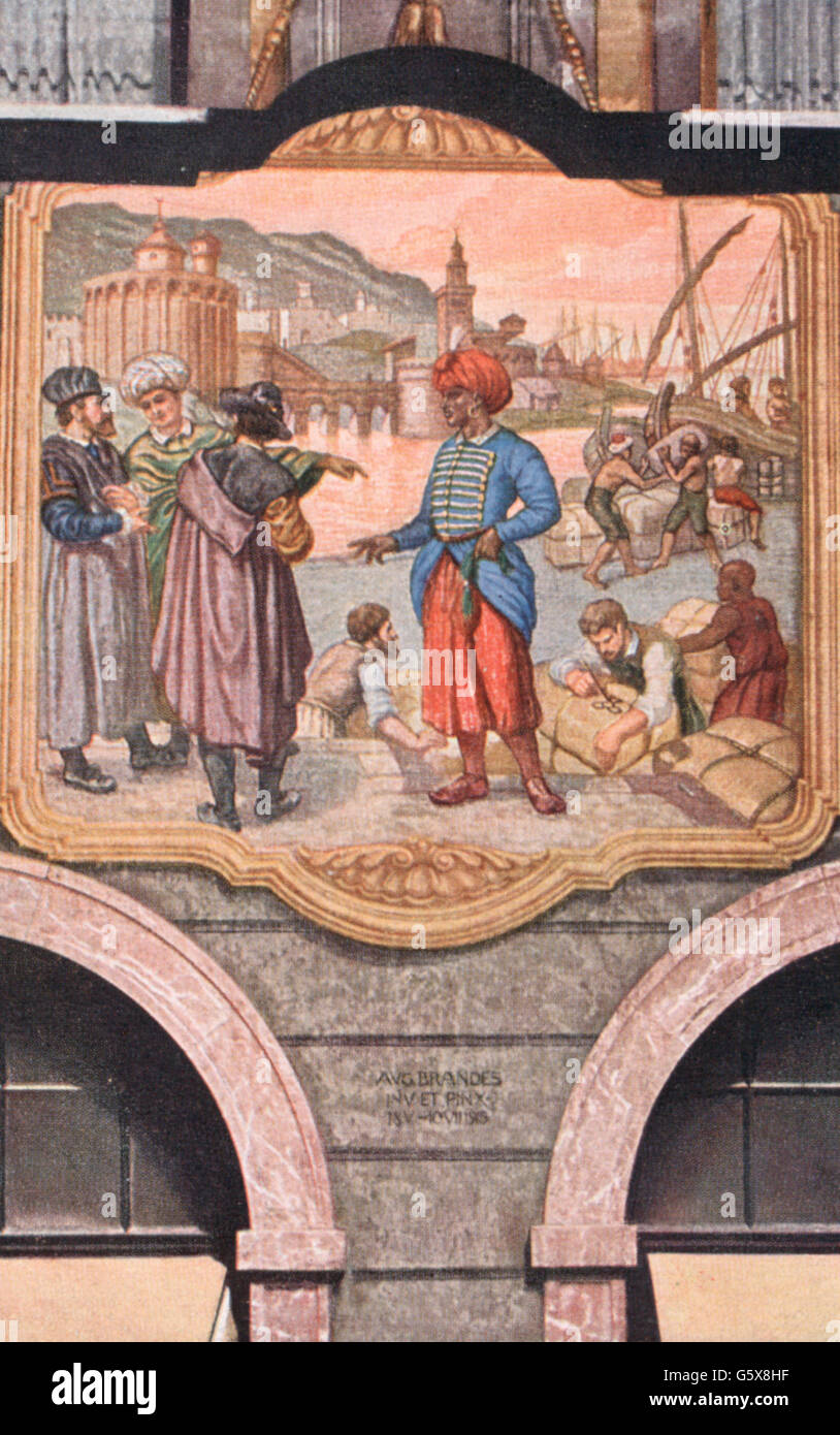 geography / travel,Germany,Augsburg,buildings,Weberhaus,exterior view,detail,west facade,Augsburg merchants in the East,mural painting by Matthias Kager,1607,art postcard,publisher J. J. Brack,1918,oversea trade,overseas trade,merchant,merchants,goods,Turks,harbour,harbor,harbours,harbors,port,ports,west side,fresco,fine arts,art,17th century,weaver house,houses,postal card,postal cards,Swabia,Kingdom of Bavaria,Germany,German Empire,Imperial Era,Central Europe,1910s,10s,20th century,people,building,buildings,detai,Additional-Rights-Clearences-Not Available Stock Photo