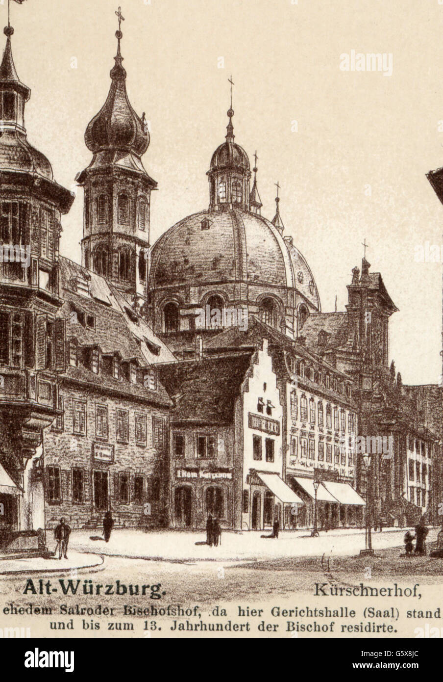 geography / travel, Germany, Wuerzburg, streets, Kuerschnerhof, drawing, postcard, publisher Gustav Erdmann, late 19th century, church, churches, Neumuenster, houses, series Alt-Würzburg, Lower Franconia, Kingdom of Bavaria, German Empire, Imperial Era, Central Europe, people, streets, street, postcard, postal card, postcards, postal cards, publisher, publishers, historic, historical, Wuerzburg, Würzburg, Wurzburg, Kuerschnerhof, Kürschnerhof, Kurschnerhof, Neumuenster, Neumünster, Neumunster, Additional-Rights-Clearences-Not Available Stock Photo