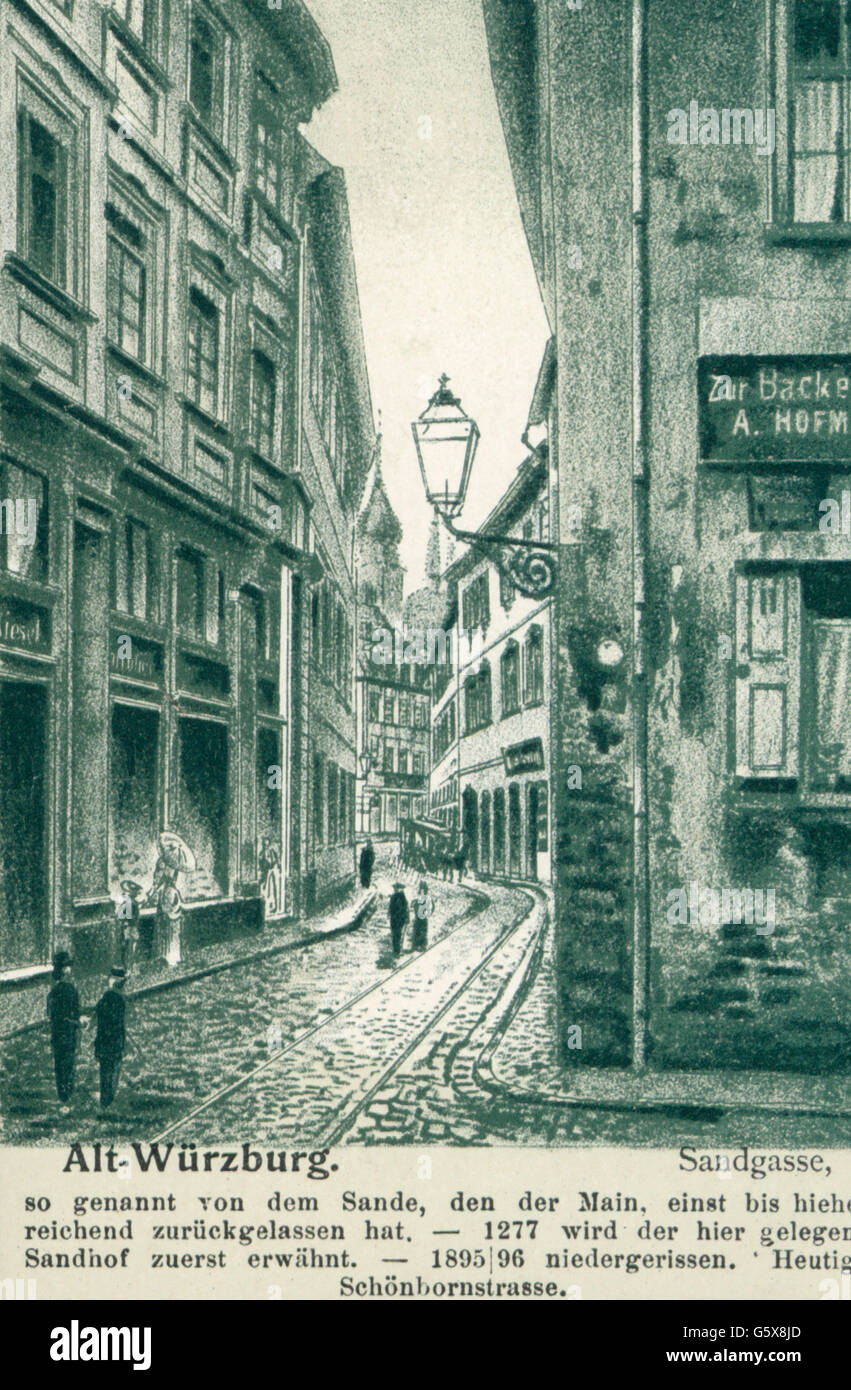 geography / travel, Germany, cities and community, Wuerzburg, streets, Sandgasse (Schoenbornstrasse), drawing, postcard, publisher Gustav Erdmann, late 19th century, alley, alleys, alleyway, houses, series Alt-Würzburg, Lower Franconia, Kingdom of Bavaria, German Empire, Imperial Era, Central Europe, people, streets, street, postcard, postal card, postcards, postal cards, publisher, publishers, historic, historical, Wuerzburg, Würzburg, Wurzburg, Schoenbornstrasse, Schönbornstrasse, Schonbornstrasse, Additional-Rights-Clearences-Not Available Stock Photo