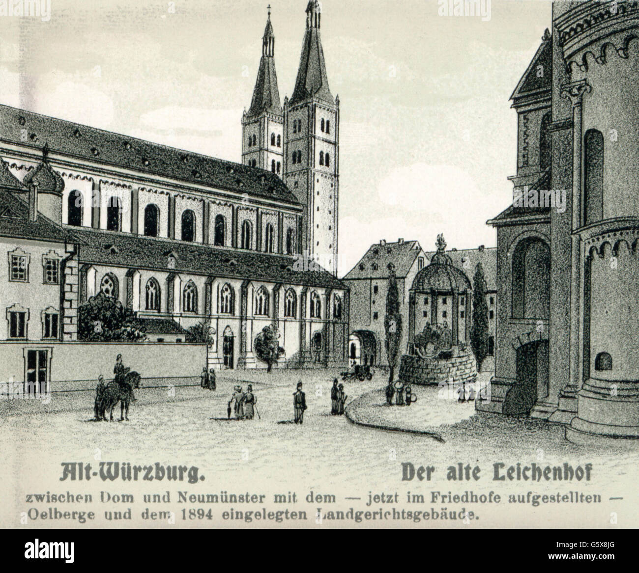 geography / travel, Germany, Wuerzburg, squares, the old Leichenhof between Cathedral and Neumuenster, drawing, postcard, publisher Gustav Erdmann, late 19th century, Mount of Olives, Mount Olivet, church, churches, Würzburg cathedral, series Alt-Würzburg, Lower Franconia, Kingdom of Bavaria, German Empire, Imperial Era, Central Europe, people, squares, square, postcard, postal card, postcards, postal cards, publisher, publishers, historic, historical, Wuerzburg, Würzburg, Wurzburg, Neumuenster, Neumünster, Neumunster, Additional-Rights-Clearences-Not Available Stock Photo