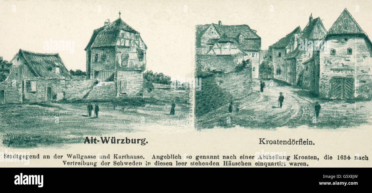 geography / travel,Germany,Wuerzburg,building,Kroatendoerflein at Wallgasse and Kartause,drawing,postcard,publisher Gustav Erdmann,late 19th century,Croatians,Croats,little village,villages,urban area,municipal area,city zone,urban areas,municipal areas,city zones,series Alt-Würzburg,Lower Franconia,Kingdom of Bavaria,German Empire,Imperial Era,Central Europe,people,building,buildings,postcard,postal card,postcards,postal cards,publisher,publishers,historic,historical,Wuerzburg,Würzburg,Wurzburg,Kroatendoerflein,Kroatendö,Additional-Rights-Clearences-Not Available Stock Photo
