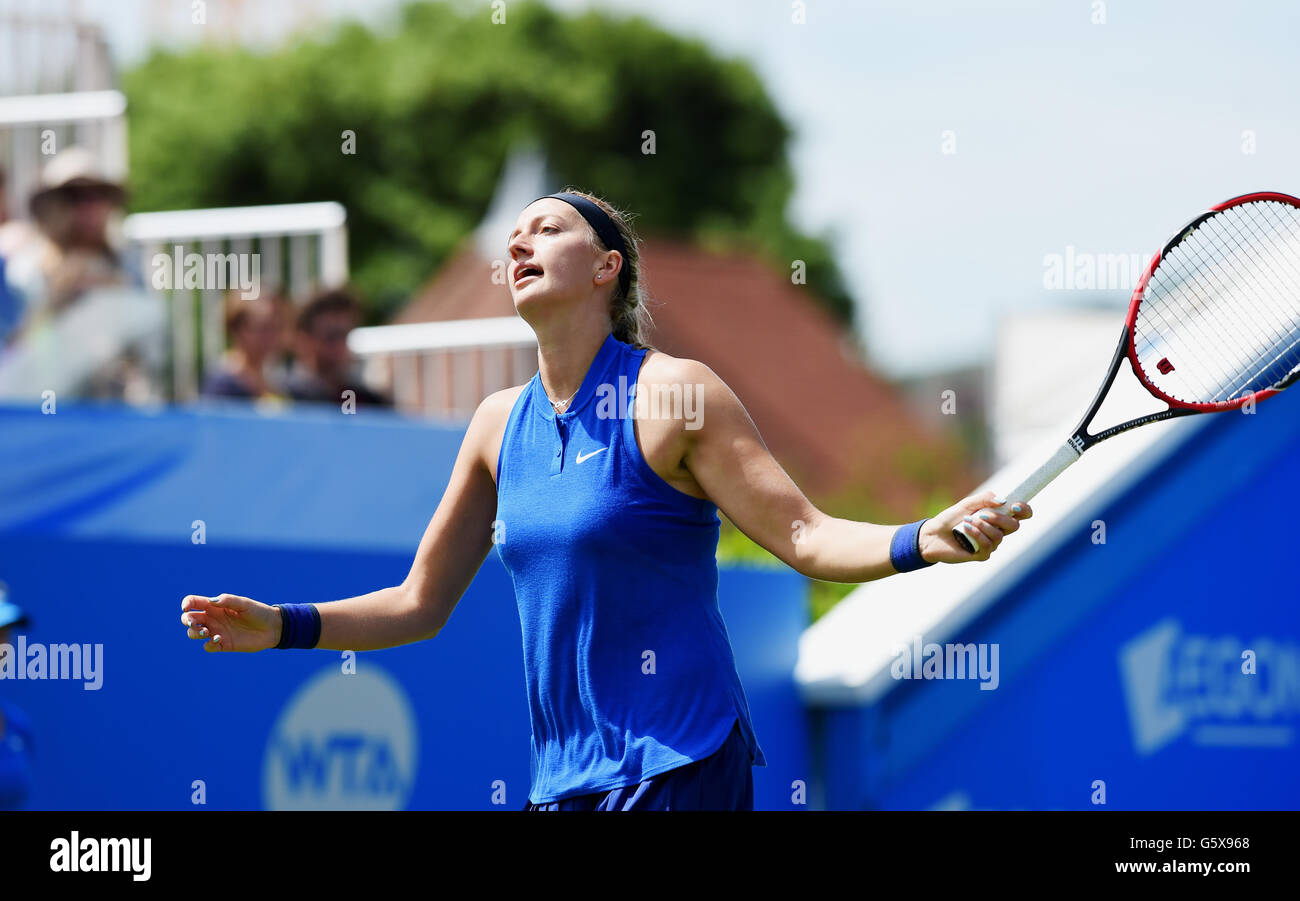 Editorial Use Only - Petra Kvitova of the Czech Republic reacts after losing a point against Timea Babos of Hungary at the Aegon International tennis tournament at Devonshire Park  in Eastbourne. June 21, 2016. Simon  Dack / Telephoto Images Stock Photo