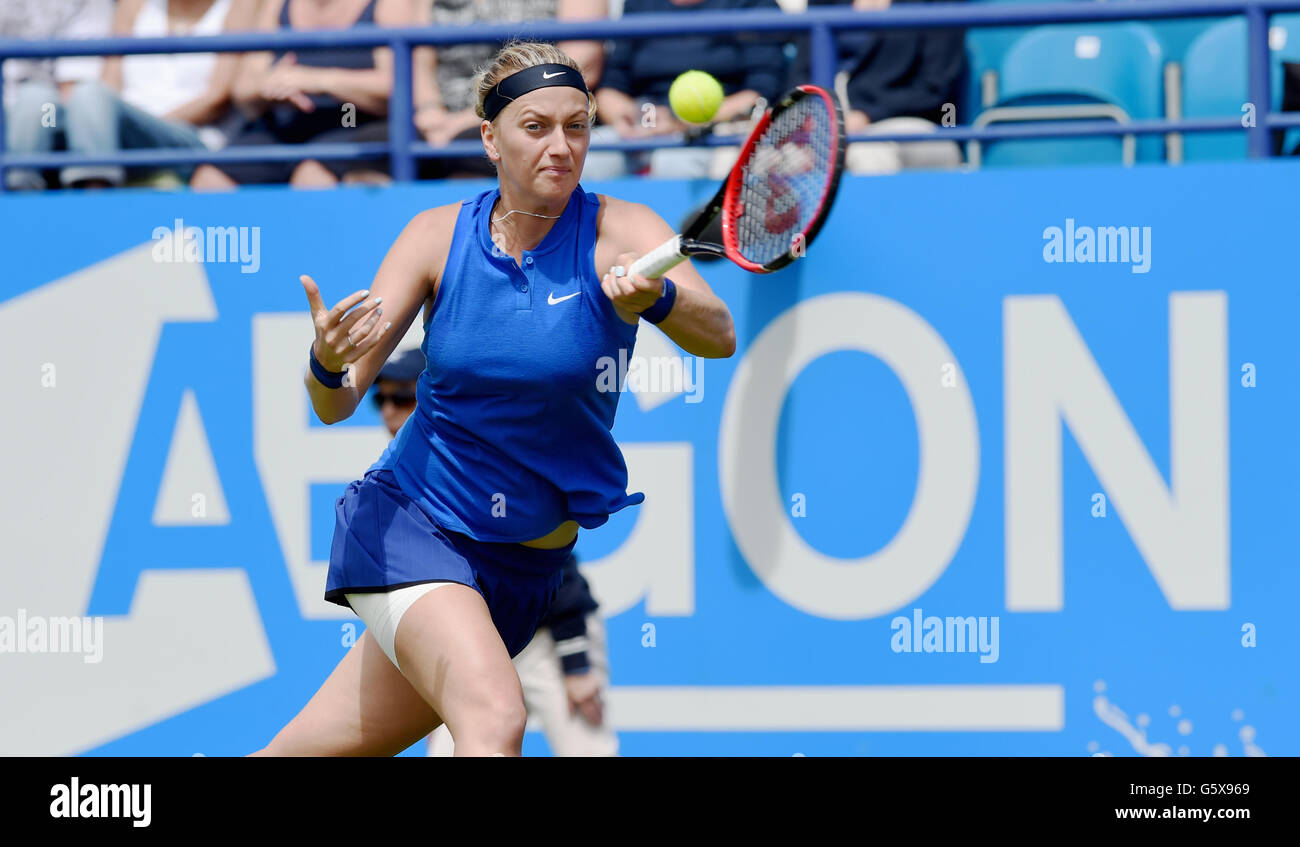 Editorial Use Only - Petra Kvitova of the Czech Republic plays a shot against Timea Babos of Hungary at the Aegon International tennis tournament at Devonshire Park  in Eastbourne. June 21, 2016. Simon  Dack / Telephoto Images Stock Photo