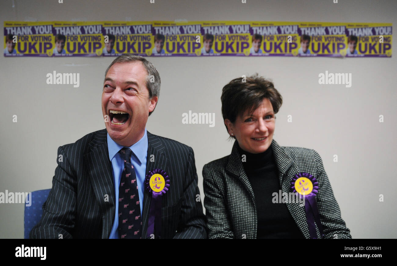 UKIP leader Nigel Farage congratulates their candidate Diane James on coming second in the Eastleigh by-election after holding a news conference in the Hampshire town this morning. Stock Photo