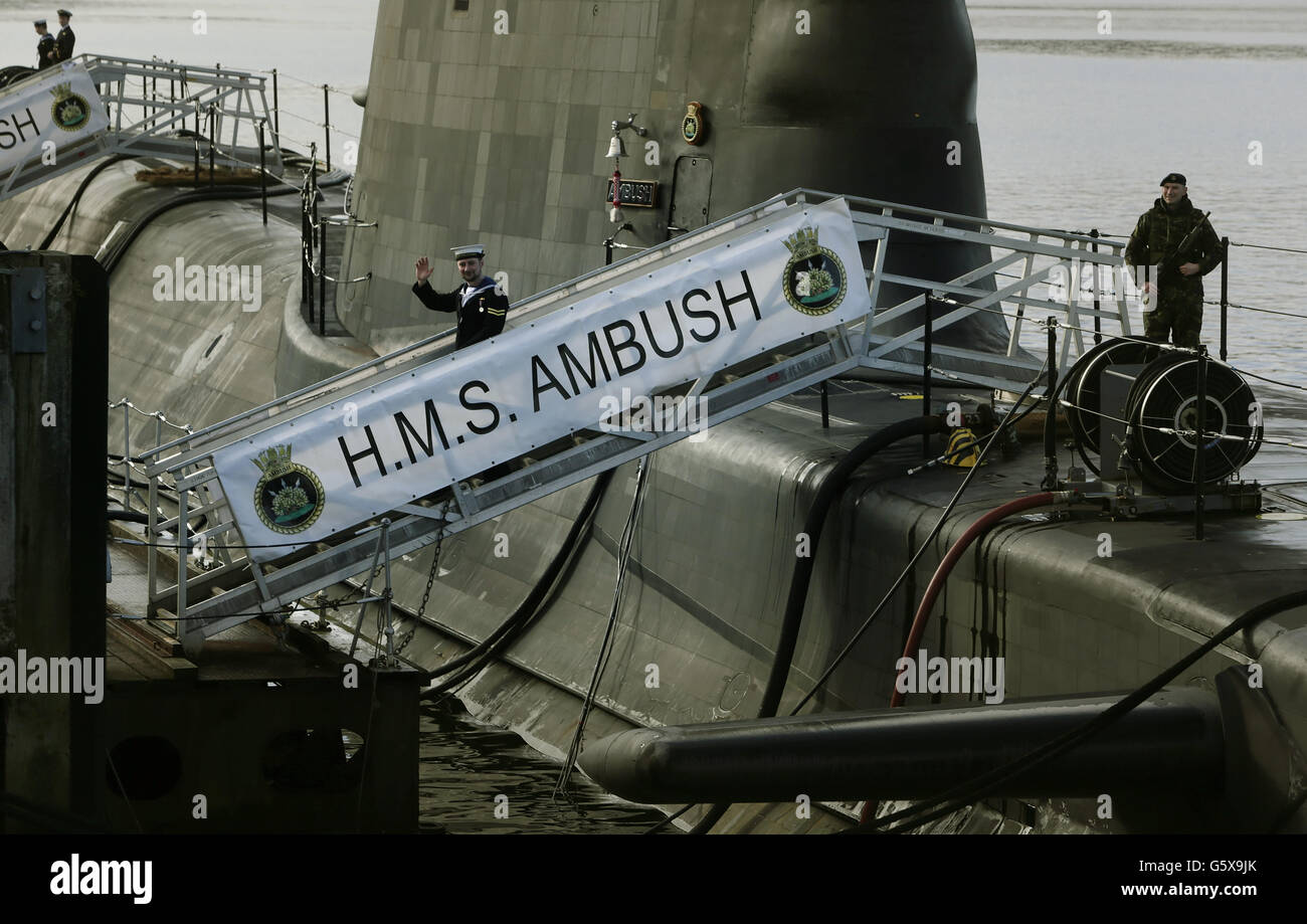 A view of HMS Ambush, Britain's most advanced attack submarine, ahead of its commissioning ceremony at Faslane naval base in Scotland. Stock Photo