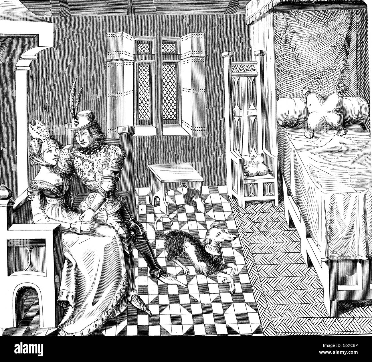 Middle Ages, people, knight with his lady in the bedroom, after a miniature of the poem "Othea" by Christine de Pizan,  (1365 - 1439), 14th century, wood engraving, library, Bruxelles, Additional-Rights-Clearences-Not Available Stock Photo