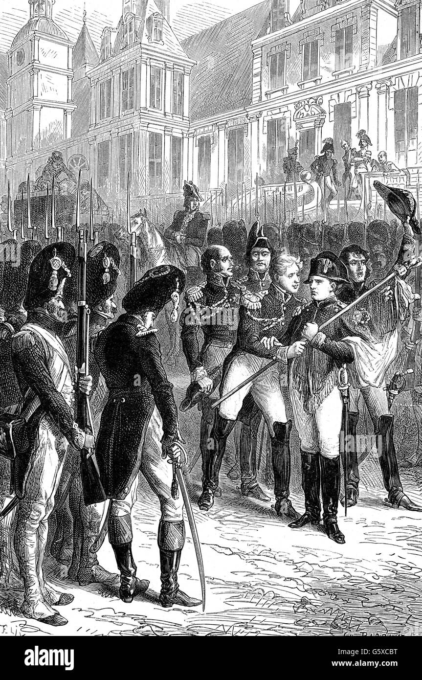 Napoleon I, 15.8.1769 - 5.5.1821, Emperor of the French 2.12.1804 - 22.6.1815, half length, saying farewell to the Imperial guard, Fontainebleau castle, 20.4.1814, wood engraving, by Charles Barbant, after drawing by F. Lix, from: Victor Duruy, 'History of France', 1852, Stock Photo