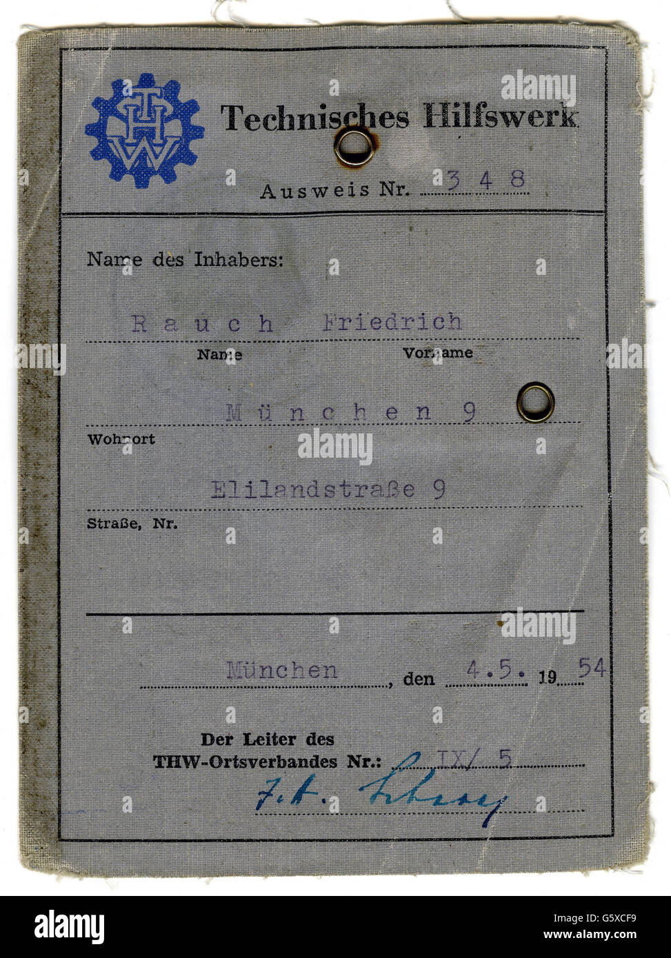 documents, membership card, Federal Agency for Technical Relief (Technisches Hilfswerk), Friedrich Rauch, Munich, 4.5.1954, Additional-Rights-Clearences-Not Available Stock Photo