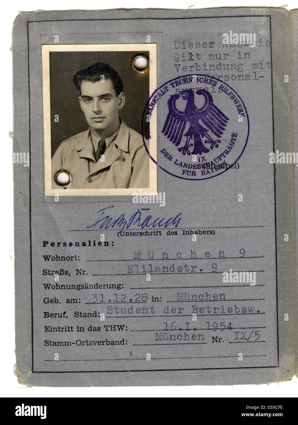 documents, membership card, Federal Agency for Technical Relief (Technisches Hilfswerk), Friedrich Rauch, Munich, 4.5.1954, Additional-Rights-Clearences-Not Available Stock Photo
