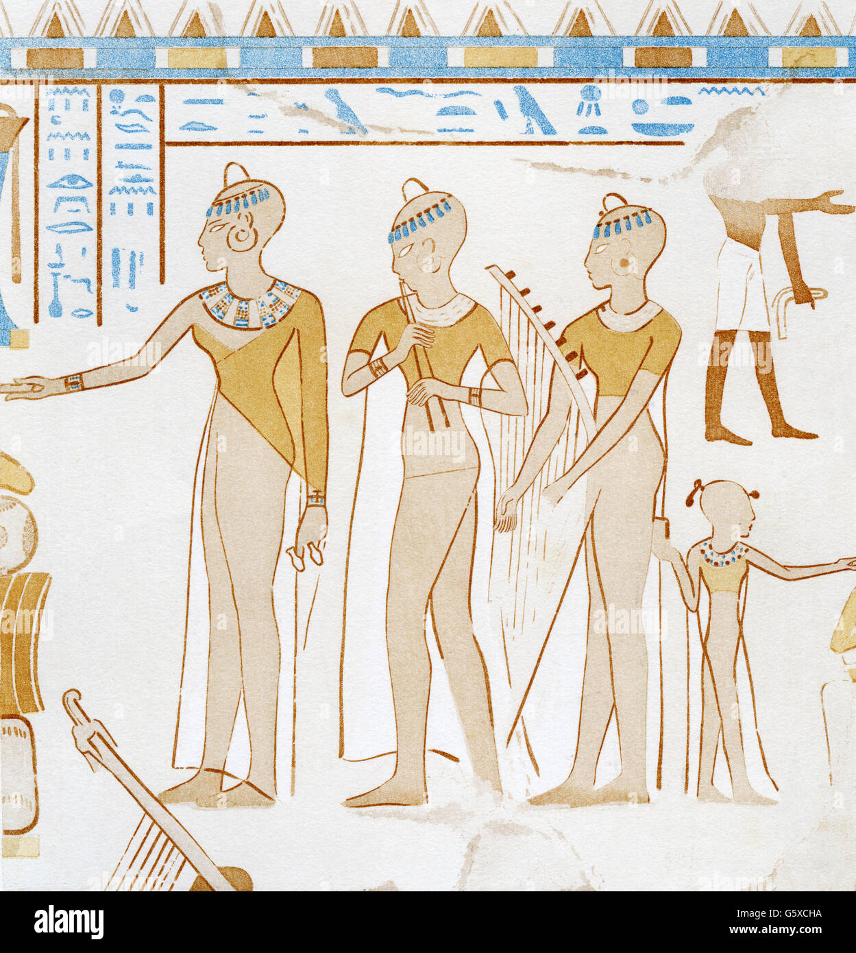 music, musician, female musicians, drawing, 19th century, after mural, Egypt, 18th Dynasty (circa 1550 - 1292 BC), people, women, musician, musicians, musical instrument, instrument, musical instruments, instruments, flute, pipe, flutes, pipes, aulos, harp, harps, prehistory, prehistoric times, 19th century, historic, historical, man, male, ancient world, men, Additional-Rights-Clearences-Not Available Stock Photo